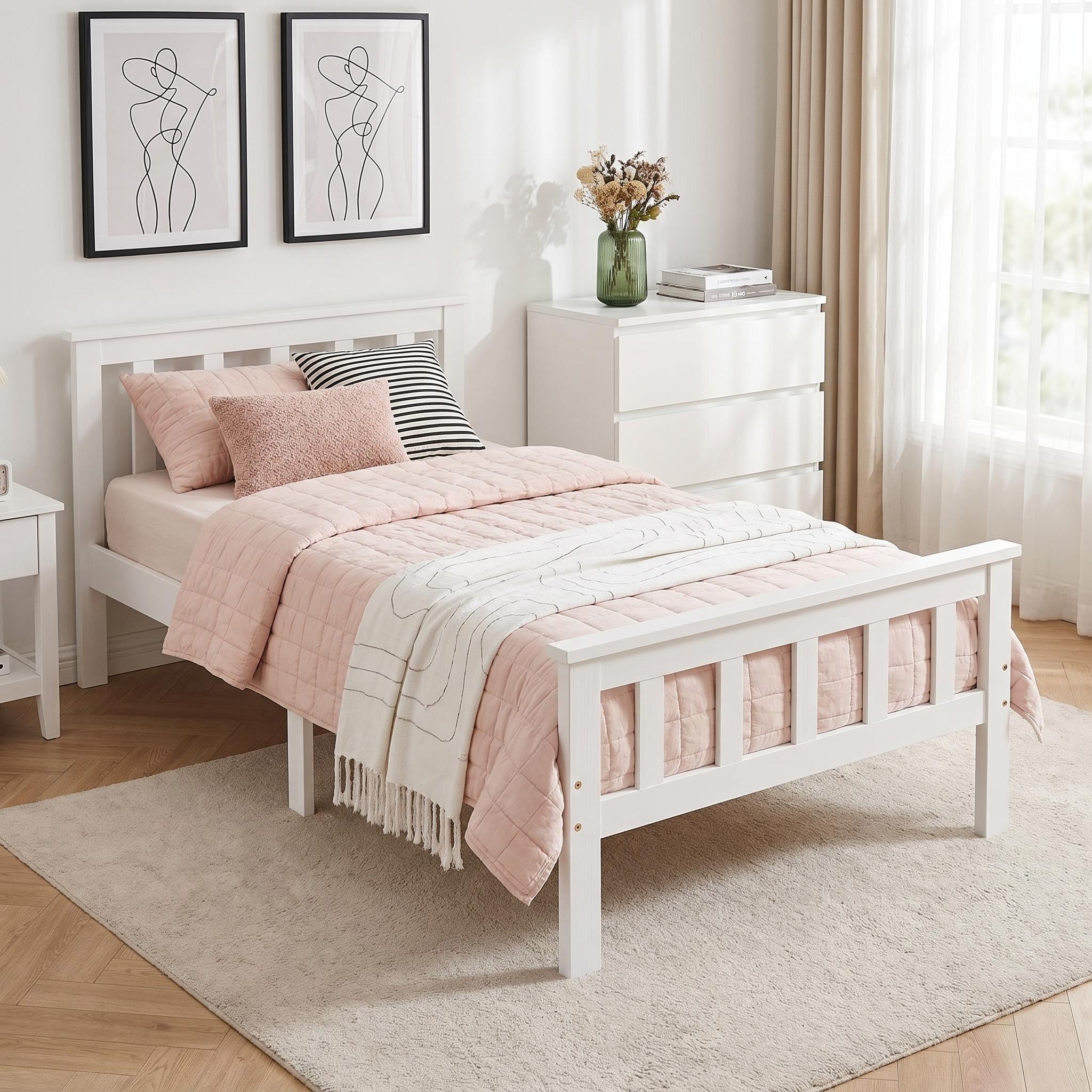 Panana Single Bed Frame 3FT Solid Pine Wood Classic Single Bed For Kids, Adults, Teenagers (White)