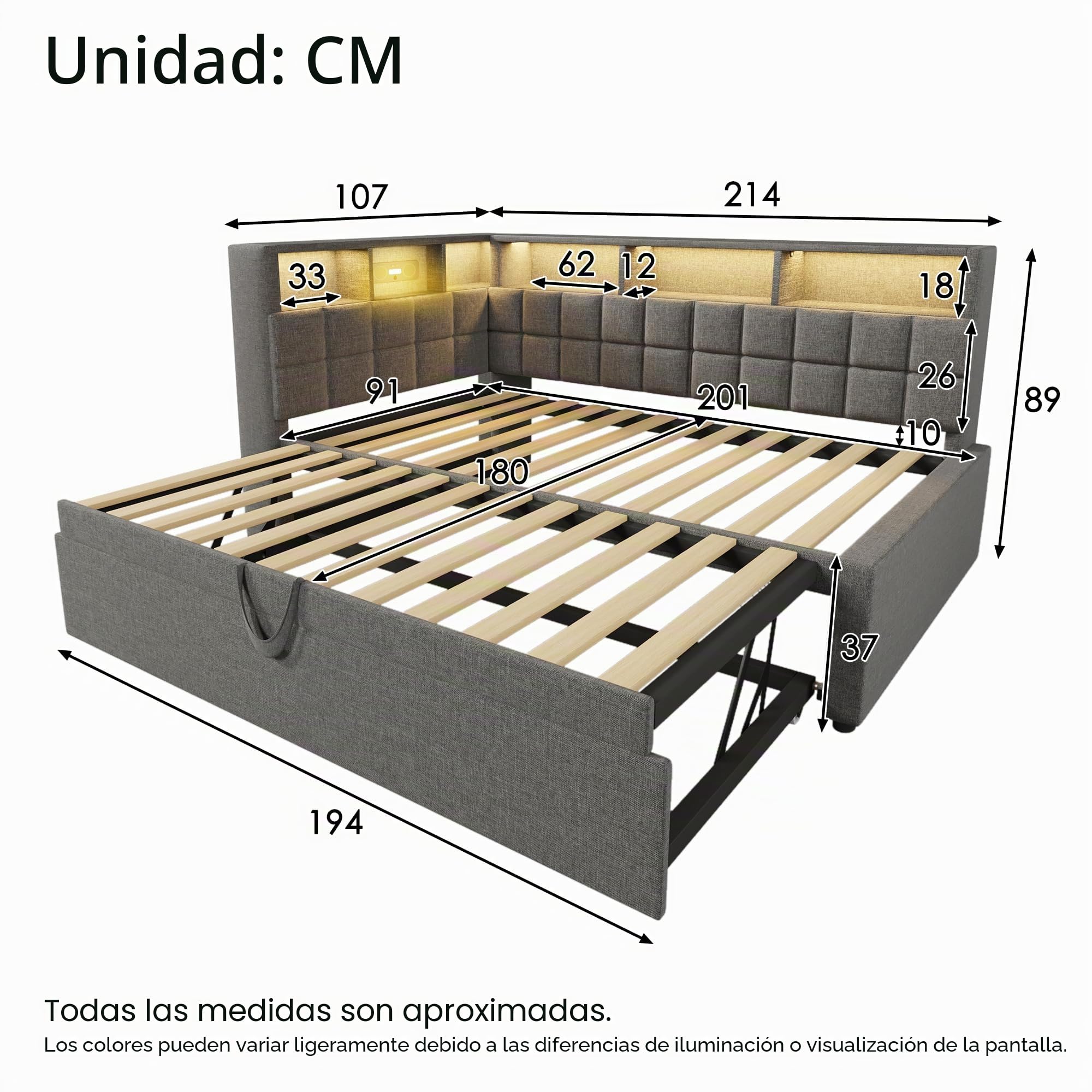 Cama tapizada de 90 x 200 cm, cama de día con cama nido, sofá cama con LED y puerto de carga USB y tipo C, altavoz Bluetooth, cabecero en L con estante de almacenamiento, lino, sin colchón (gris