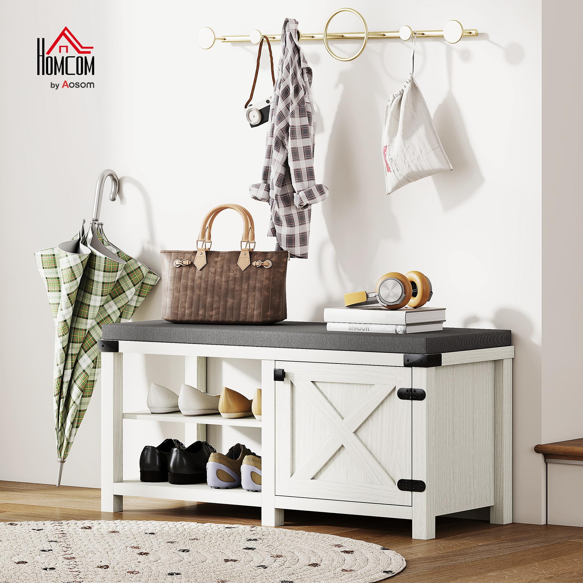 HOMCOM Banco Zapatero Rústico con Asiento Organizador de Zapatos con Compartimentos para 7 Pares Cojín para Entrada Salón Dormitorio 100x40x48 cm Blanco Grisáceo y Gris