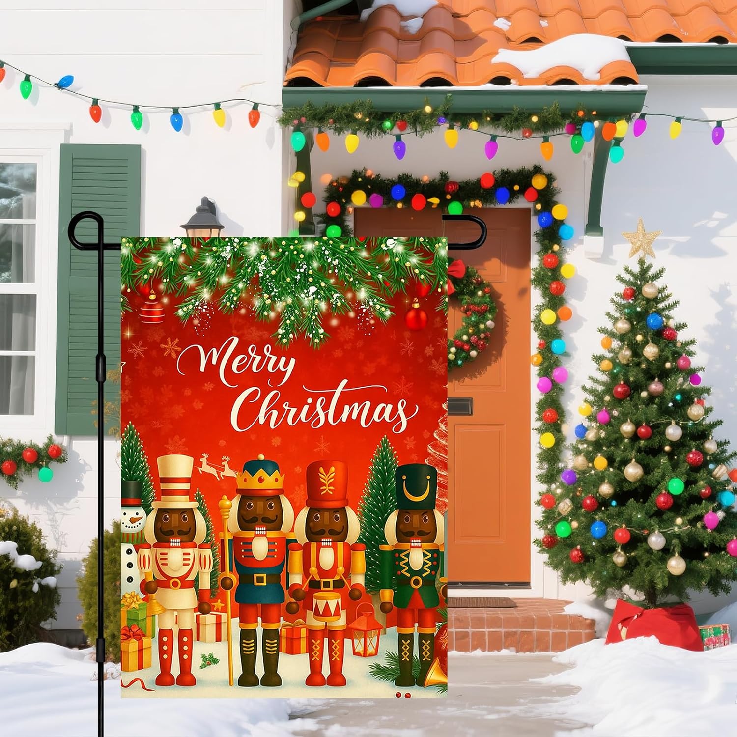 IVN Christmas African American Santa Garden Flag 12x18 Inch Double Sided Winter Black Nutcracker Soldiers Tree Snowflakes Christmas Decoratives Yard Flag for Outside Xmas Home Front Door Lawn Porch Patio Welcome Decor - Image 5