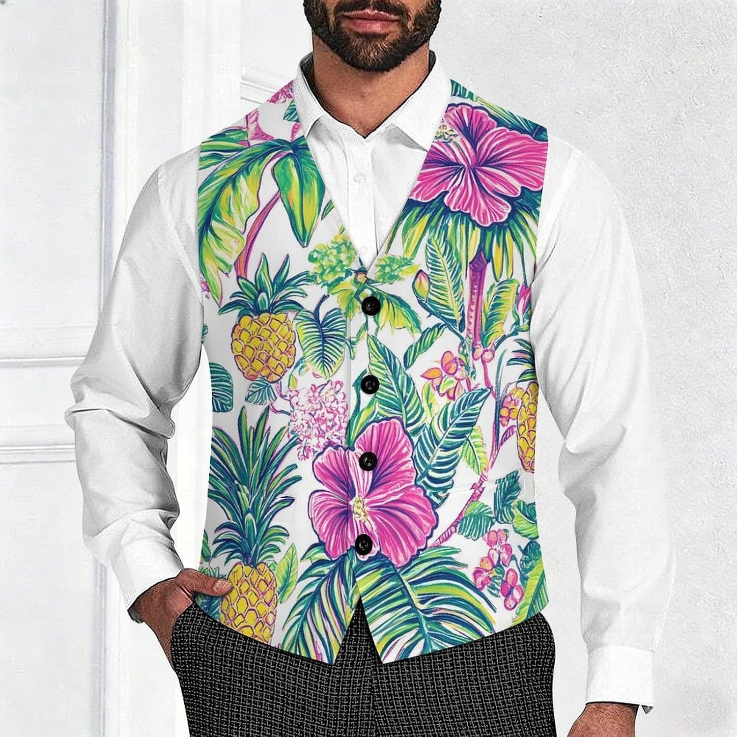 Tropical Pineapples Toucans Palm Leaves Men's Suit Vests Waistcoat V-neck Formal Dress Tuxedo for Business