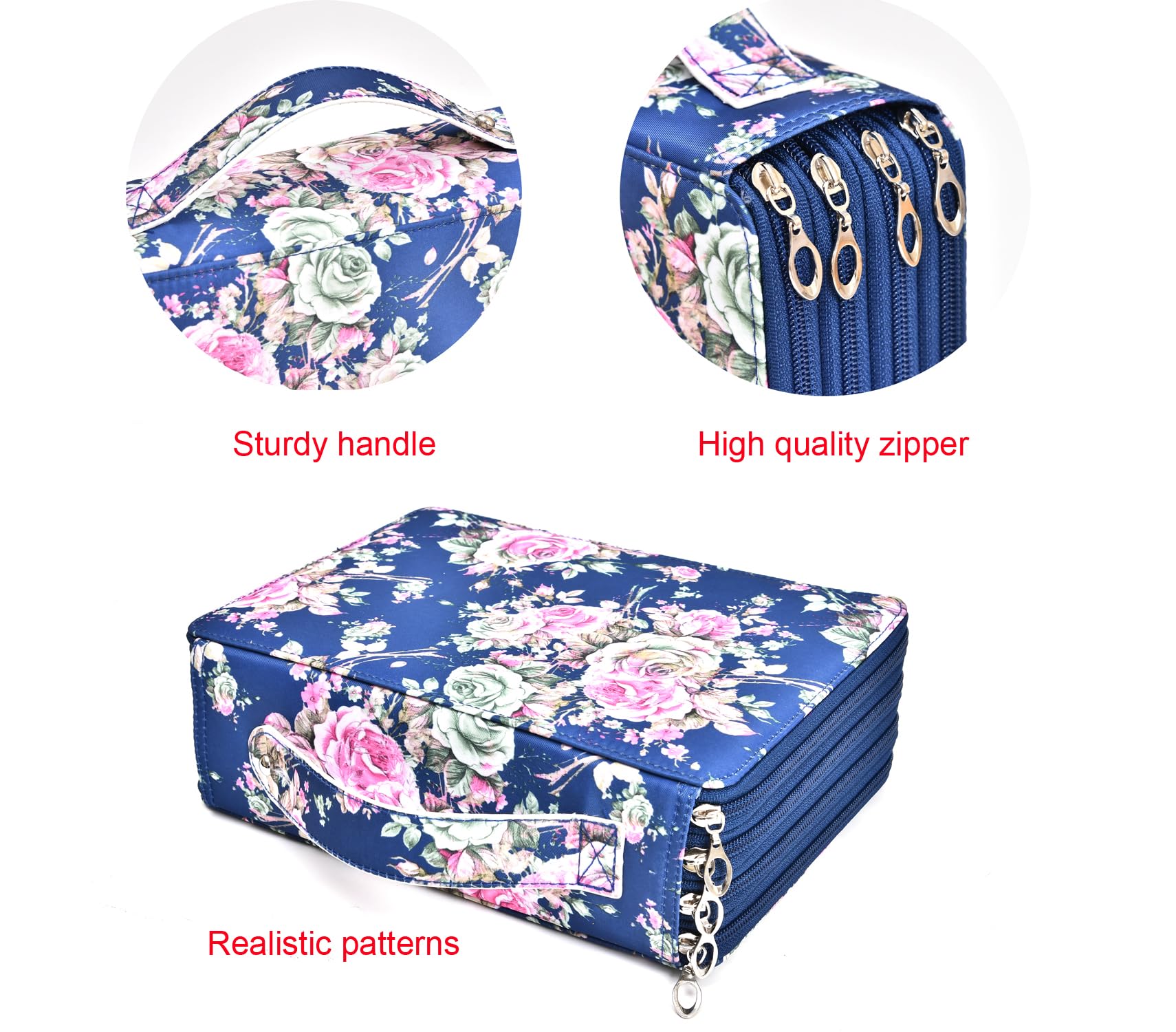 Becho Multifunction Zipper Soft Leather Pencil Case with Multi-Layer Zipper Separation High Capacity Holder Pouch Pen Bag Colored Flower Pencil Pen Box 200 Slots (Blue) - Image 4