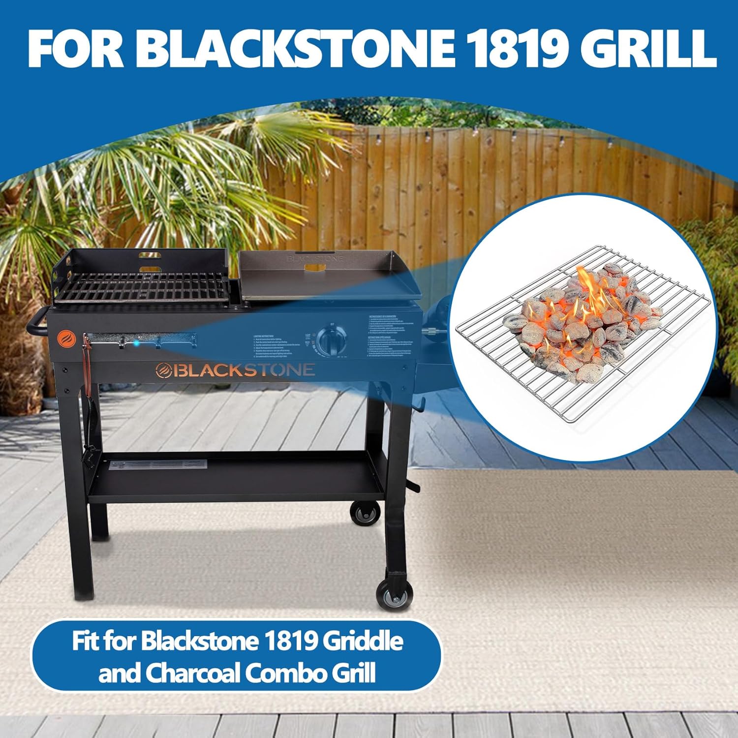 SafBbcue Charcoal Grate for Blackstone 1819 Griddle & Charcoal Grill Combo Replacement Parts, Charcoal Fire Grate Compatible with Blackstone Duo Model 1819, Stainless Steel