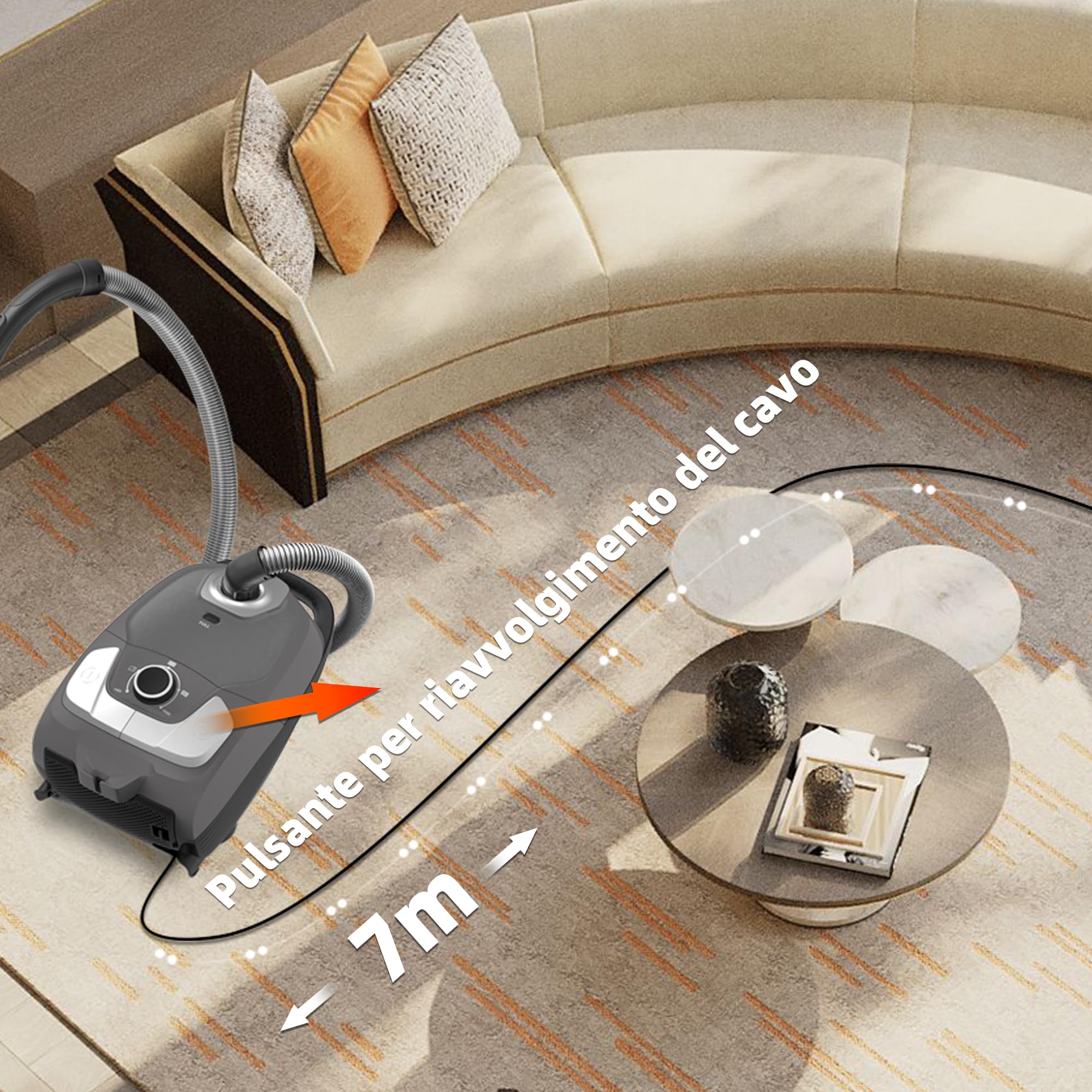 Akitas C11 Pet 900 W aspirapolvere con sacco, con spazzola turbo extra per peli di animali, cavo da 7 m e raggio d'azione di 10 m, potenza regolabile, grande capacita, per pavimenti duri e tappeti