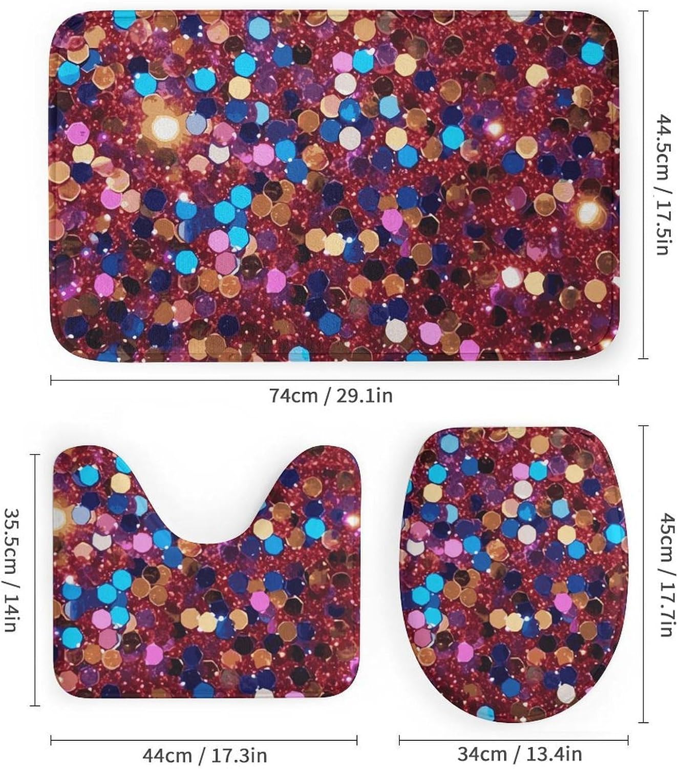 Glitter Pattern Shower Curtains Set 4 Piece with Non-Slip Rugs, Toilet Lid Cover and Bath Mat Soft Bathroom Carpet Waterproof Bathroom Curtain with 12 Hooks for Bathroom Decor