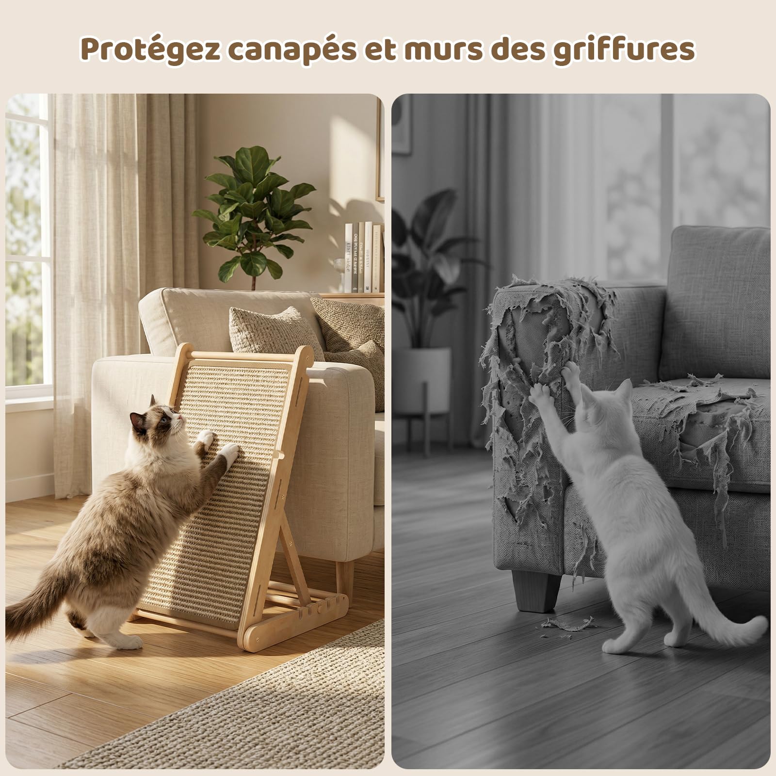 X XBEN Grattoir en Bois pour Chat, 60cm de Haut Griffoir Chat Pliable avec 5 Hauteurs Réglables, sans Montage, Forme de L Planche à Gratter en Sisal Naturel pour Préserve Canapé et Mur