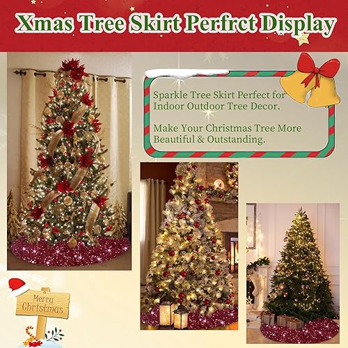 Miniatura 5 de Falda de árbol de Navidad de lentejuelas de 46 pulgadas, falda de árbol de Navidad color burdeos, tela suave, tapete de terciopelo para árbol de