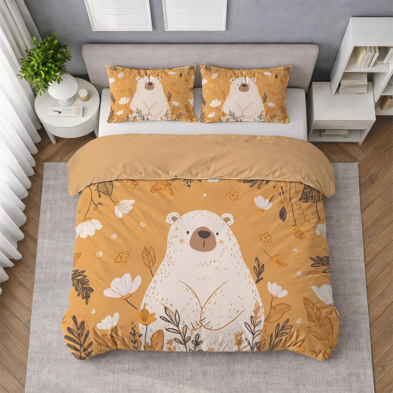 King łatwa w pielęgnacji poszewka na kołdrę, zwierzęta uroczy miś, ciepły zestaw pościeli z mikrofibry do sypialni, pokoju gościnnego, miodowo-pomarańczowy, 230 x 220 cm (90 cali x 86") z poszewkami