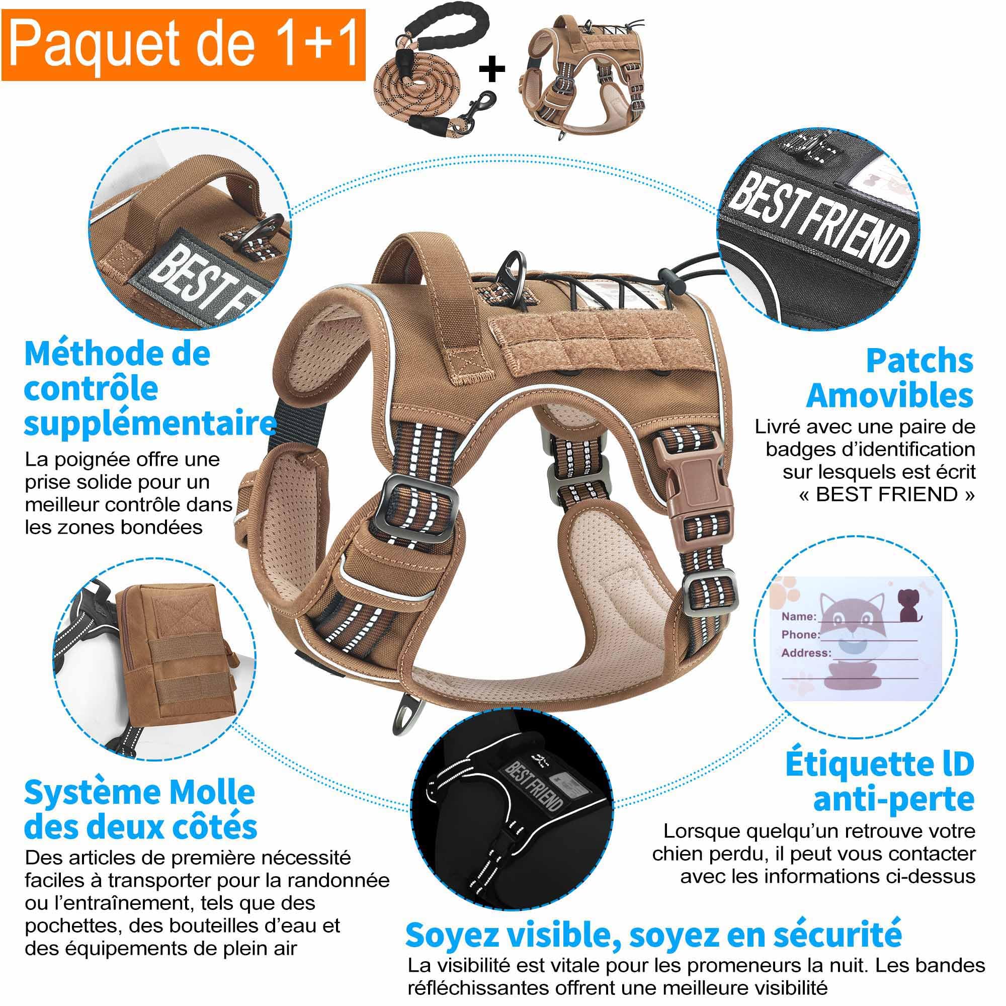 Haapaw Harnais tactique robuste pour chiens de grande taille, anti-traction, réglable, réfléchissant, contrôle facile, harnais militaire pour chien de travail, taille XL, marron
