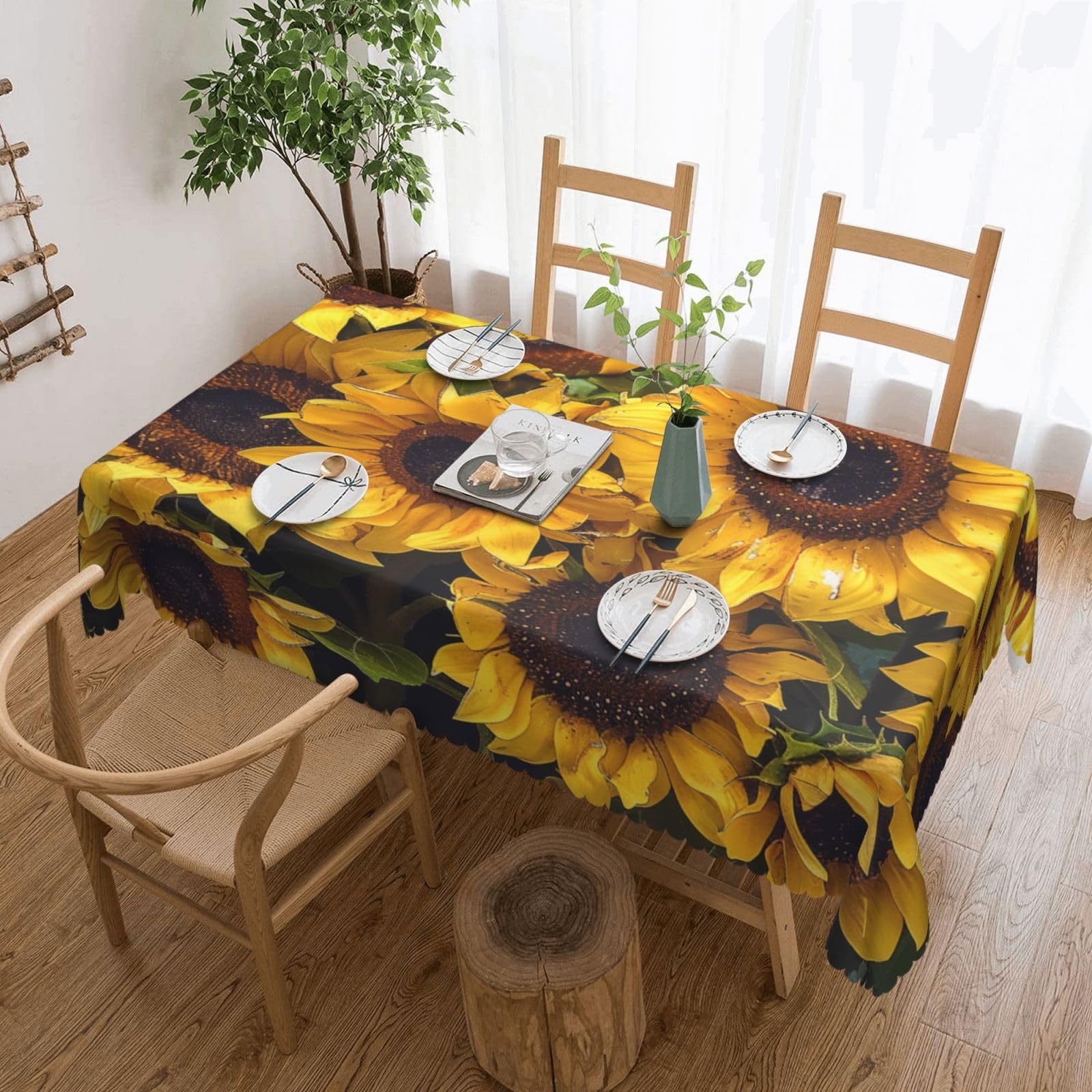 WPKJU Sunflower Printed Rectangle Tablecloth 72x54 Inch with Lace Trim, Water-Resistant Washable Table Cover for Farmhouse Weddings, Outdoor Picnics & Holiday Dining