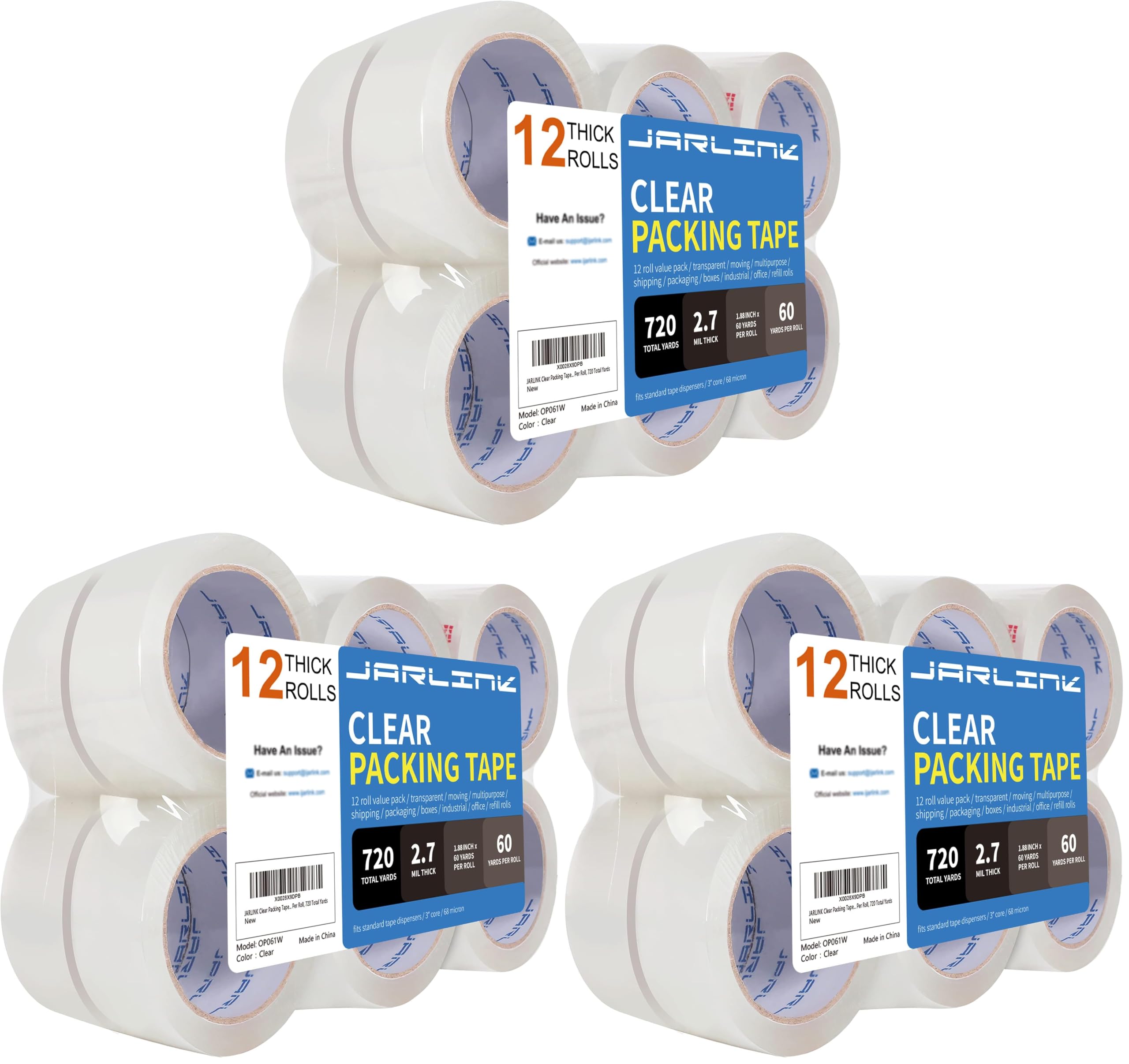 JARLINK Clear Packing Tape (12 Rolls), Heavy Duty Packaging Tape for Shipping Packaging Moving Sealing, 2.7mil Thick, 1.88 inches Wide, 60 Yards Per Roll, 720 Total Yards (Pack of 3)
