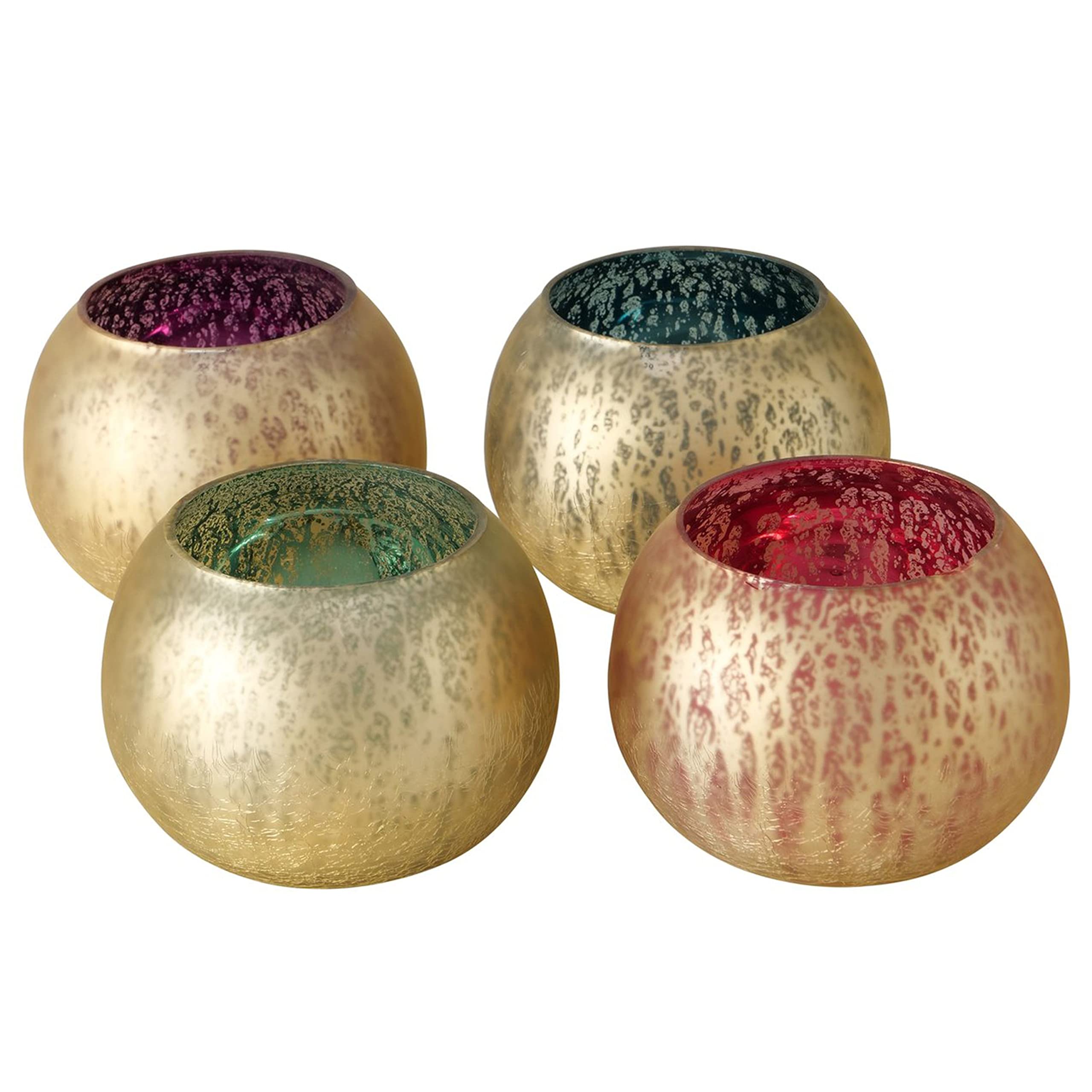 MamboCat 4tlg Set Windlicht Corios I rund I pink, violett, grün & blau I Ø12cm, H9,5cm I Teelichthalter aus Glas I Tisch-Deko, goldene Außenfläche I Kerzenhalter für Wohnzimmer, Küche, Esstisch & Co
