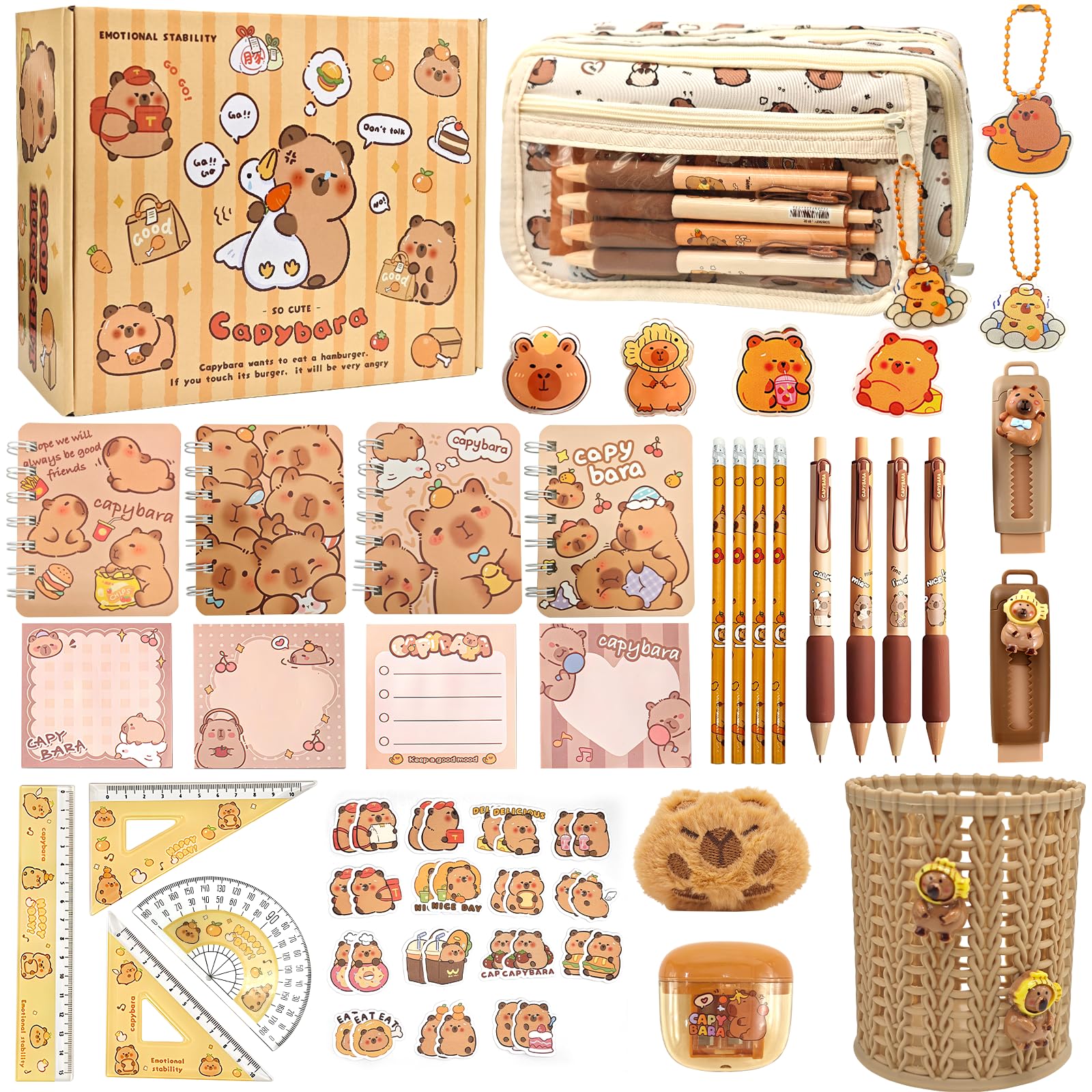 Ronronner 72 Pièces Trousse Capybara avec Fourniture, Capybara Papeterie avec Inclut Stylos, Clips, Règles - Organisé pour École, Bureau, Étudiants, Enfants