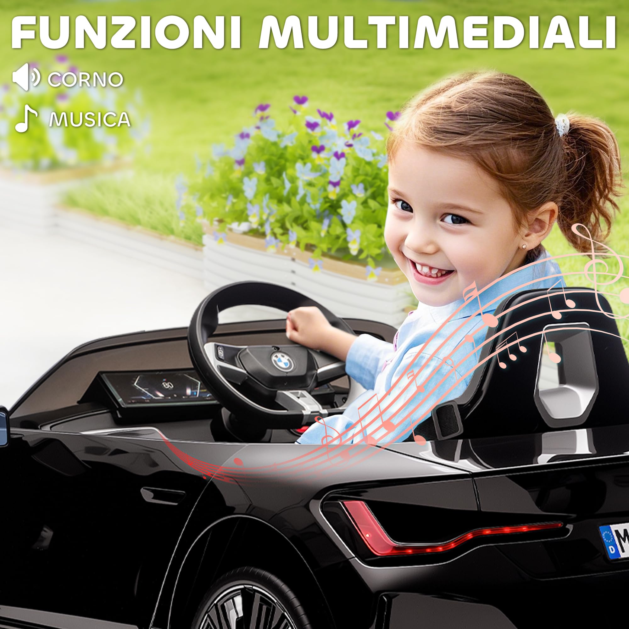 HOMCOM Macchina Elettrica per Bambini 3-6 Anni BMW I4 12V, Nero | Telecomando, Clacson e Fari, Macchinina Giocattolo, PP e Metallo, 115x67x45 cm