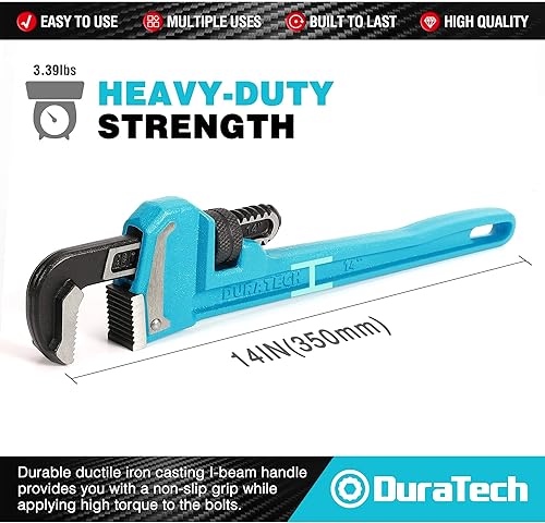 Vista 2 de DURATECH Llave de tubo de 14 pulgadas resistente, ajustable, para fontanería, con mango de hierro fundido maleable, supera el estándar GGG
