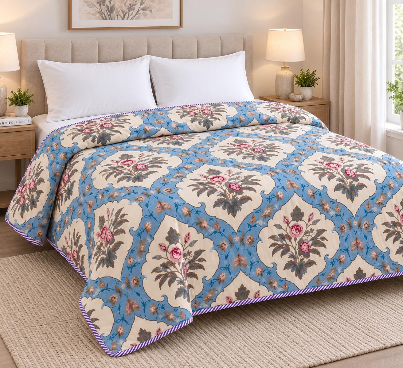 COZY FURNISH Super Soft Double Bed Dohar 84x96 Inches, Brushed Microfiber Cotton AC Blanket, Lightweight Flannel Throw, Lahariya Fabric Edging, Summer, AC Use & Mild Winter, Machine Washable