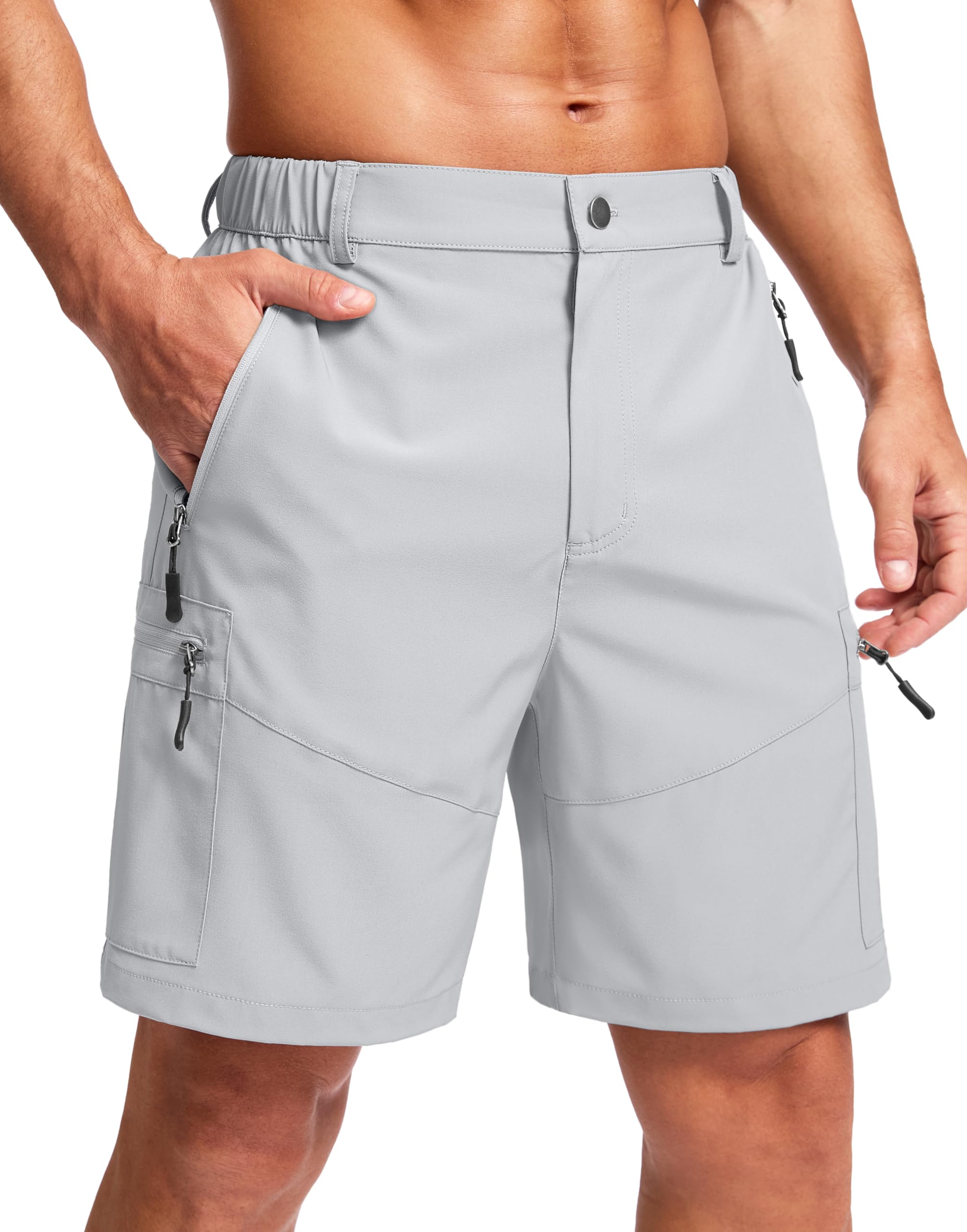 Pudolla Men's Hiking Cargo Shorts 9"/7"/11" Lightweight Outdoor Shorts for Men Trip Golf Camping Casual with 5 Zipper Pockets 7" Inseam Large Bright Grey
