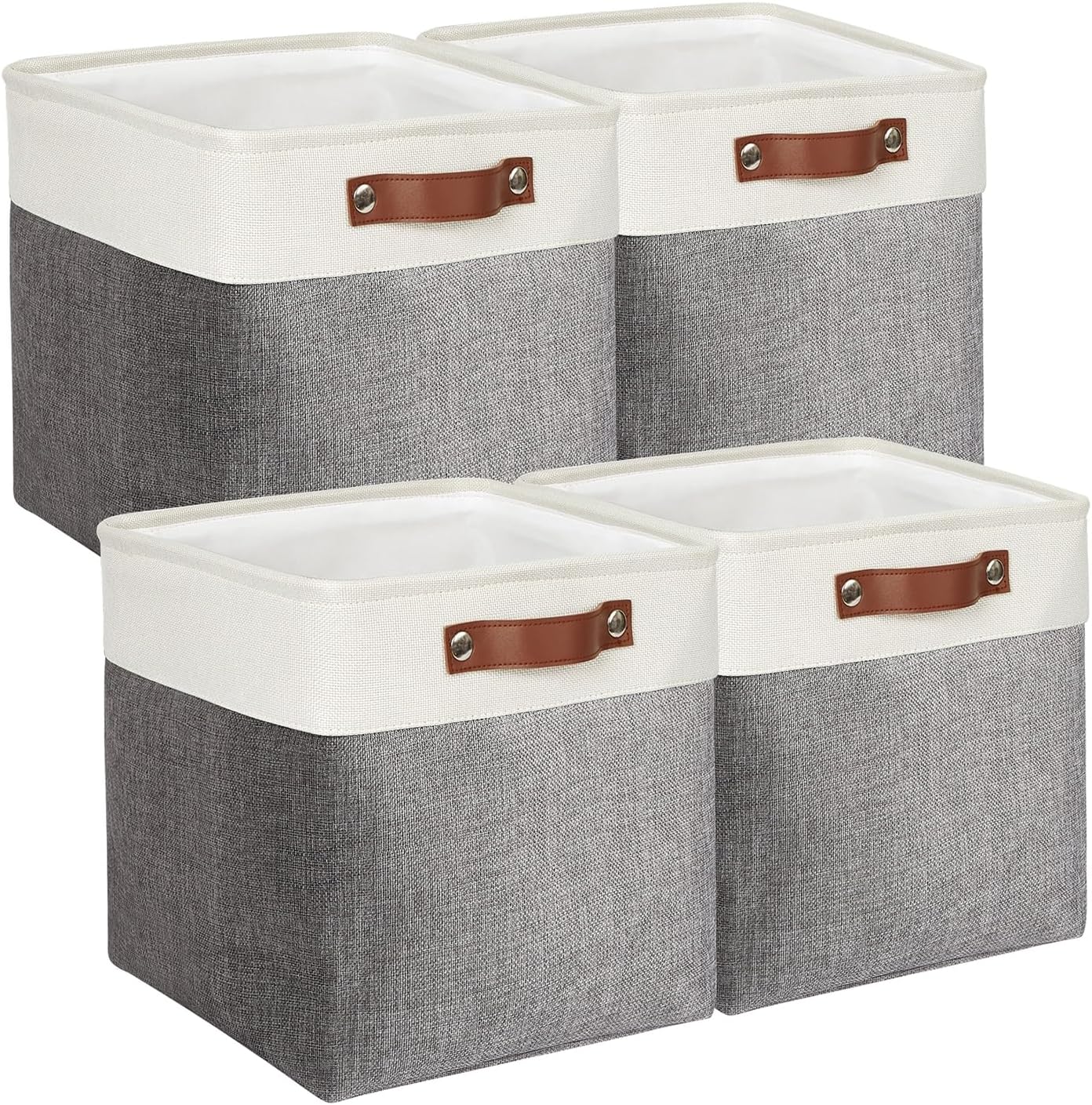4-Pack 13x13 Storage Bins, Fabric Cube Baskets with Leather Handles, Stackable Collapsible Organizers for Shelves, Bedroom, Office, Pantry