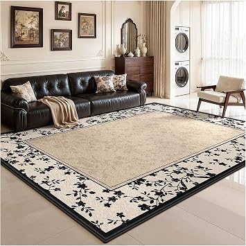 Floral Washable Area Rugs, Vintage Rug for Living Room Non Slip Low Pile Non-Shedding Easy Clean for Living Room Bedroom Dining Room Home Office - Beige Black D 200x340cm