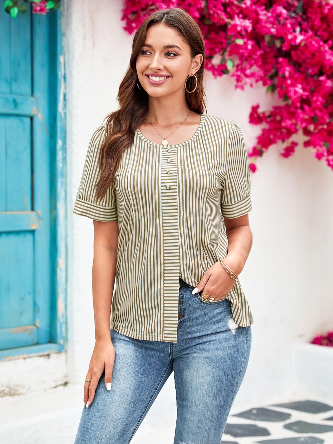 Womens Striped T Shirts Pleated Dressy Casual Summer Tops Short Sleeve Scooped Neck Button Blouse Tees - Image 2