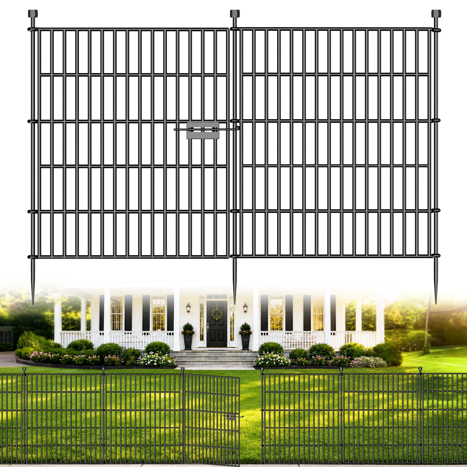 Photo 1 of 10 Panels No Dig Decorative Outdoor Garden Fence with Gate for Yard, 32 in(H) X 23.6 ft(L) Animal Barrier Fencing Rustproof Metal Wire Panel Border for Dog, Rabbits, and Patio Temporary Ground Stakes