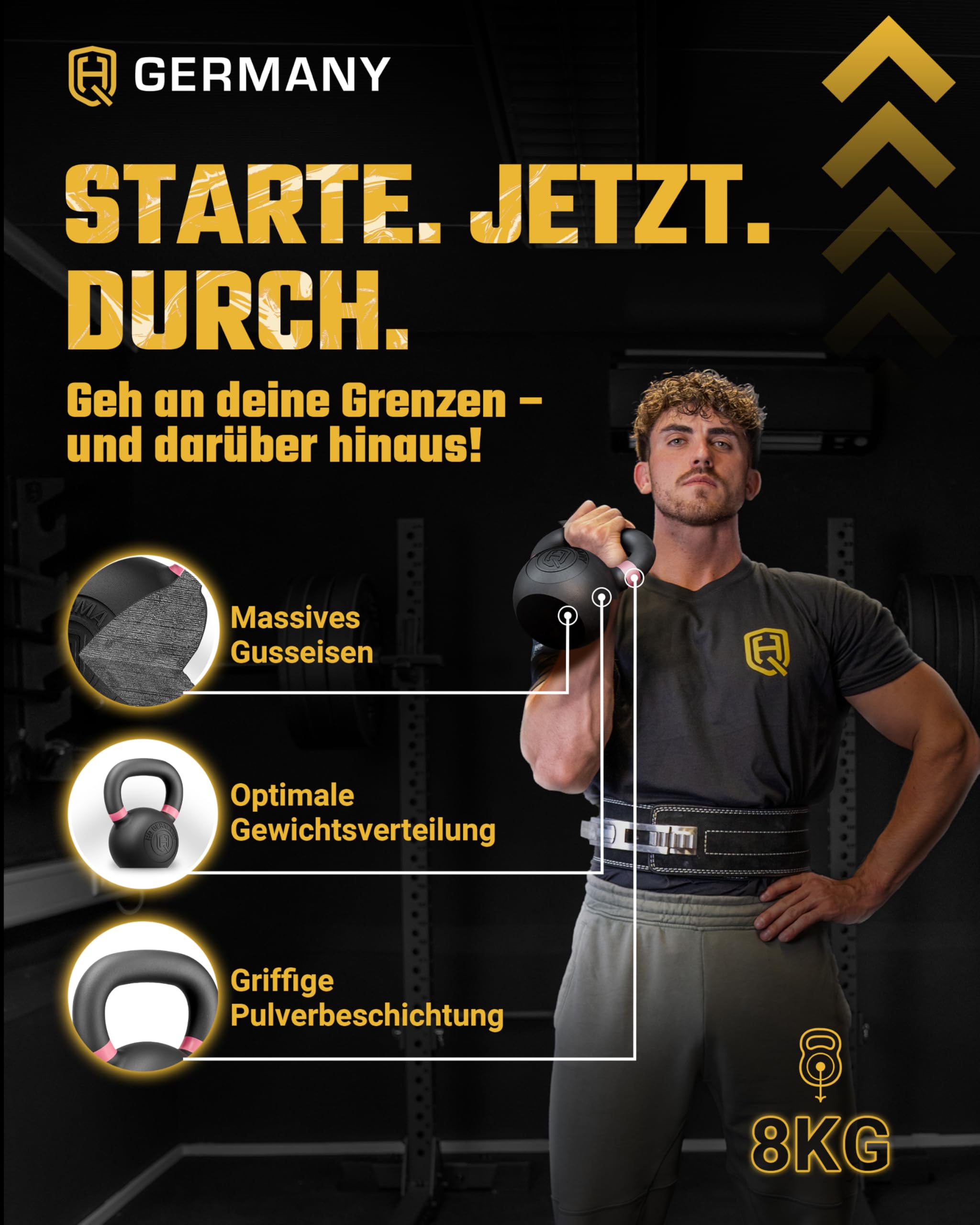 HQ Germany® Kettlebell Powdercoat [2-32kg/Sets] - Gusseisen Kettlebell Set mit ±2% Gewichtstoleranz - Kugelhantel Gewicht, Hantel Gewichte Set, Kettle Bell, Premium Kettlebells mit Pulverbeschichtung