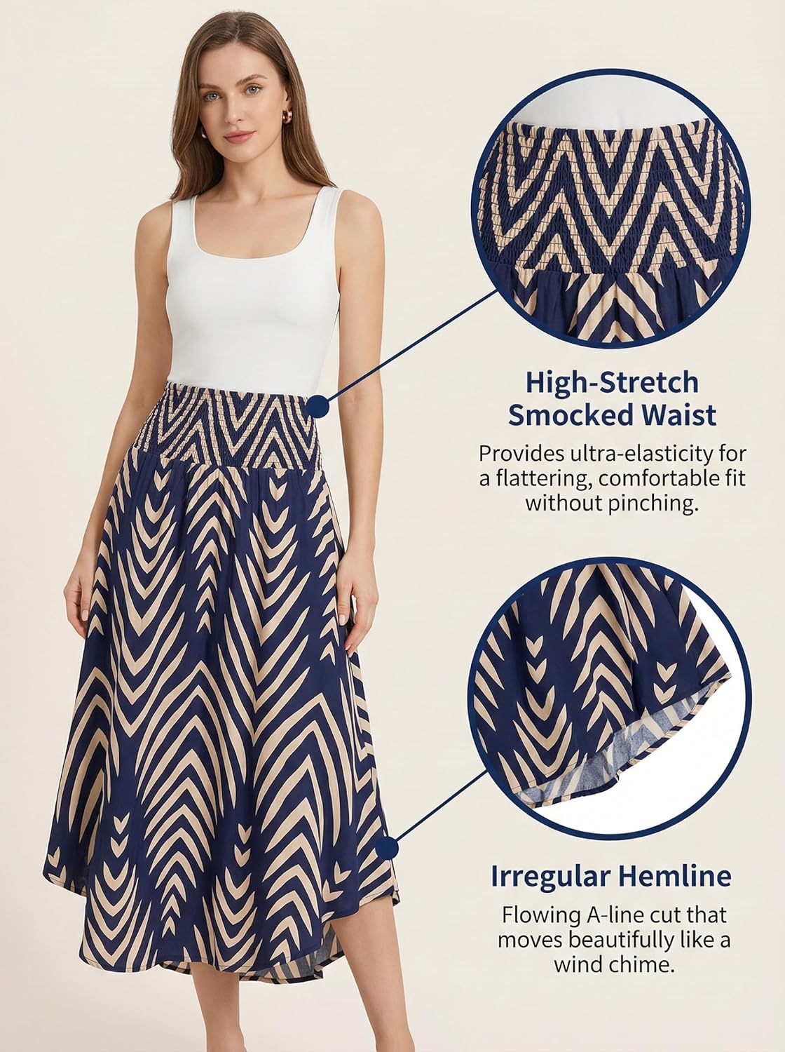 CUPSHE Women's Summer Maxi Skirt Abstract Irregular Hem Strapless Dress High Waist Smocked Coverup Casual Midi Skirt