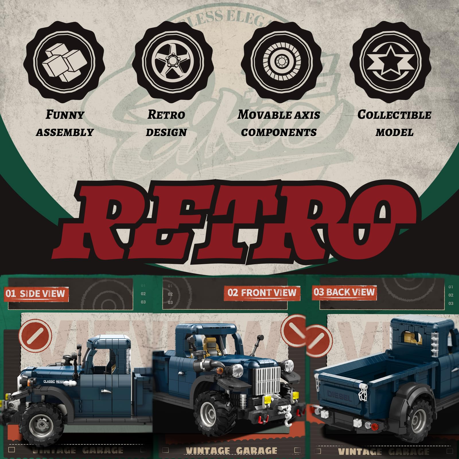 Kit de construction de camionnette rétro pour adulte, voiture vintage technique 1:16 avec partie multifonction, véhicule PowerWagon 1952, jouet cadeau pour garçons à partir de 14 ans (1199