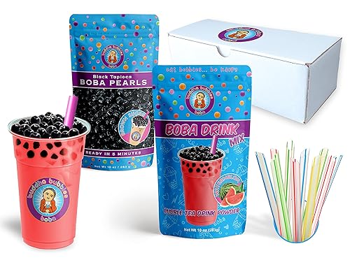 Watermelon - Kit de té Boba caja de regalo que incluye té en polvo perlas de tapioca y pajitas de Buddha Bubbles Boba