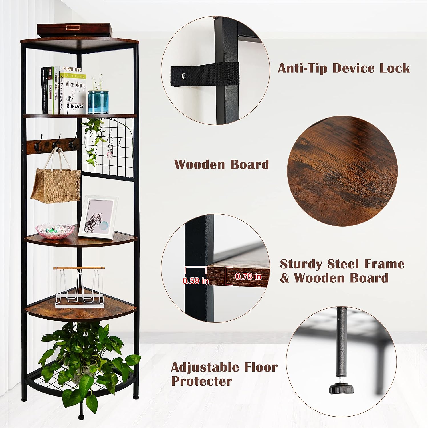 Rеvіеw Dіѕсоunt WAYTRIM 5 Tier Corner Shelf, Industrial Tall Corner Bookshelf, Corner Display Storage Rack with Hanging Hooks, Metal Frame Plant Stand Rack, Antique Brown