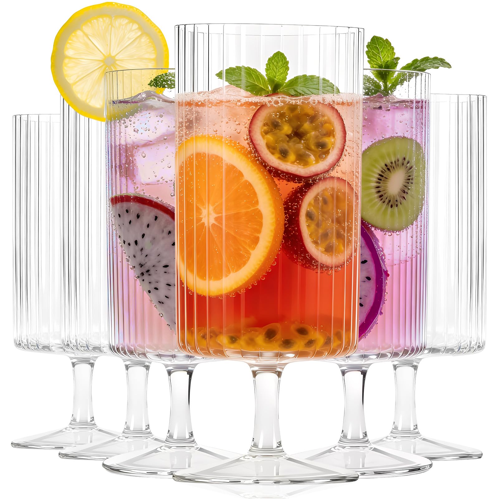 Aulivra Long Drink Glasses Set of 6 – 380ml Tall Drinking Glasses for Cocktails, Gin & Tonic, Water & Juice, Clear Glass Tumblers, for Parties, Weddings, and Everyday Use, Dishwasher Safe (Ribbed)
