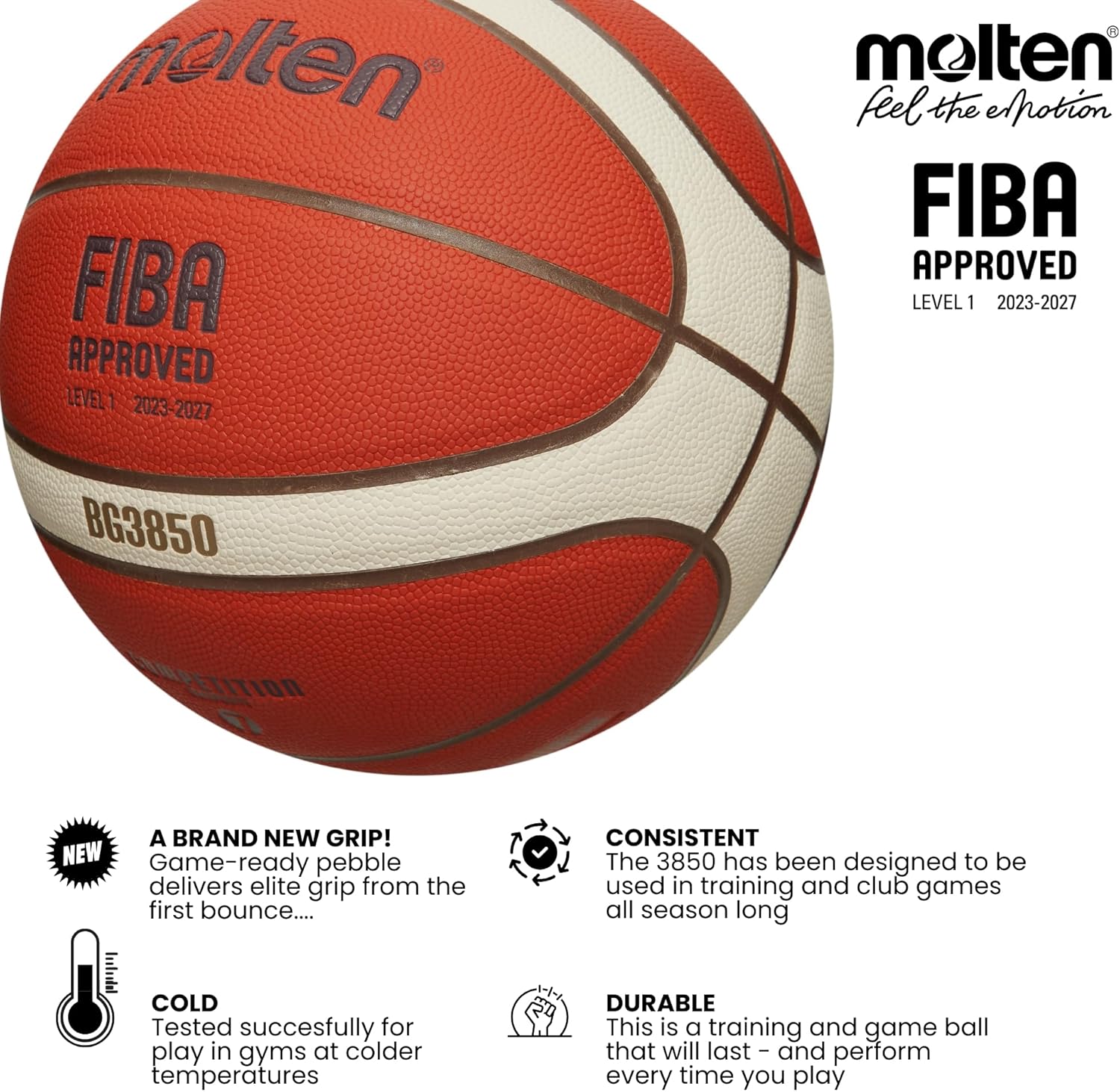 Molten BG3850 Basketball, Orange/Ivory, 6