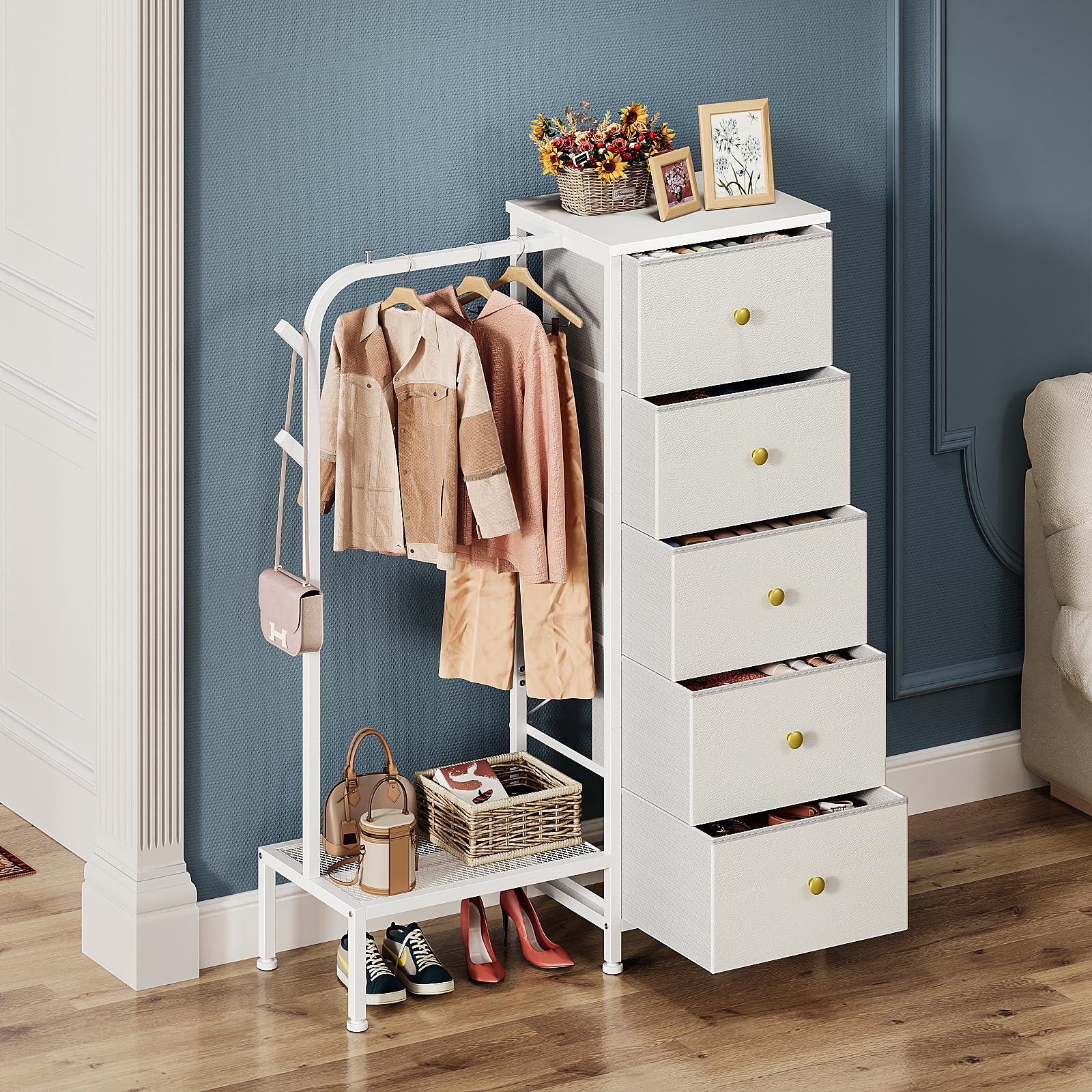 Commode à 5 Tiroirs En Tissu Étroite - Meuble Rangement Chambre Petit Espace - Trironsun