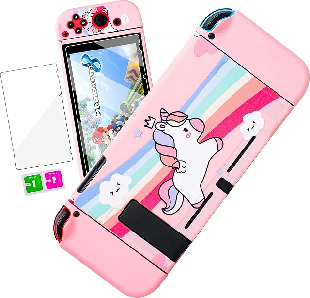 Darrnew Pink Unicorn Case for Nintendo Switch Cartoon Cute Kawaii Fun Cover for Kids Girls Women Switch Game Cases, Funny Cool Design Fashion IMD Soft Case+Tempered Glass Film for Nintendo Switch