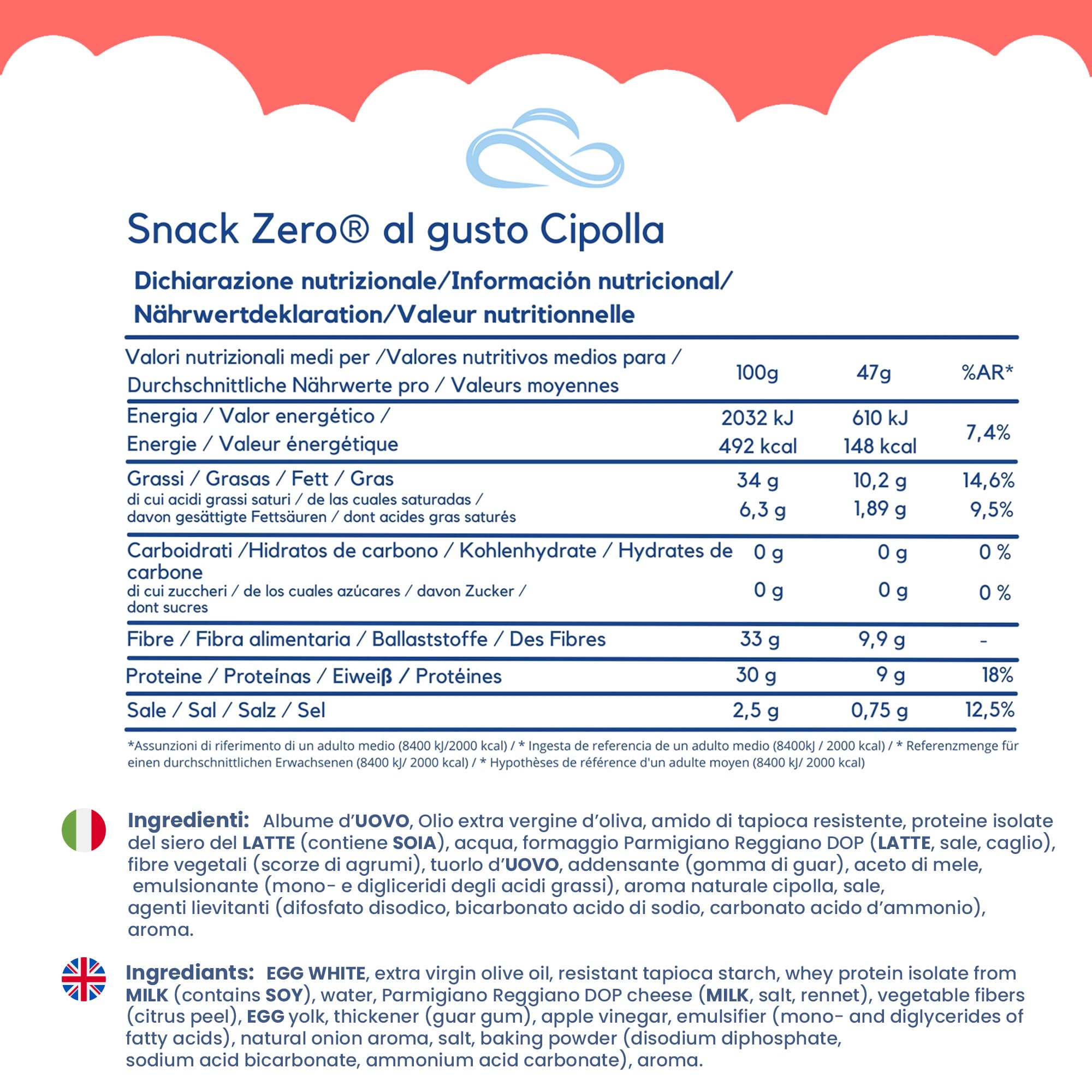 Nuvola Zero - Snack Zero al gusto cipolla, Snack Proteici Senza Zucchero, Zero Carboidrati, Senza Lattosio, Senza Glutine, Confezione da 3pz. Made in Italy.
