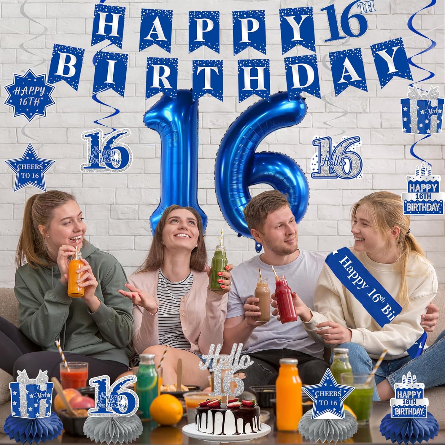 Crenics Blue 16th Birthday Decorations for Boys Girls - Back in 2010 Backdrop, Banner, Swirls, Centerpieces, Sash, Paper Pom Poms, Cake Topper and Balloons for 16 Birthday Party Supplies - Image 5