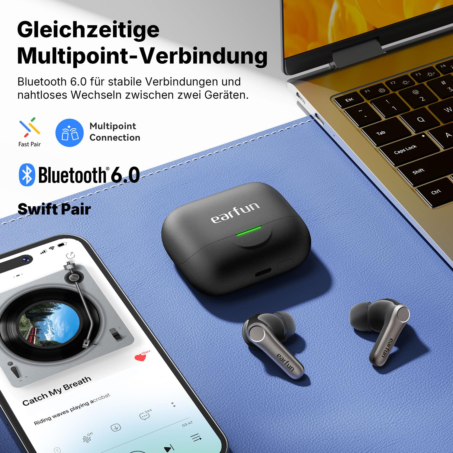 EarFun Air Pro 4+ Bluetooth Kopfhörer mit Noise Cancelling, Hybrid-Treibersystem, Hi-Res Audio, aptX Lossless, LDAC, 6 Mik. KI Anrufe, 54 Std. Akku, Multipoint, Trageerkennung, IP55, Bluetooth 6.0