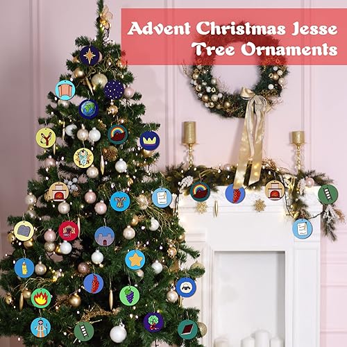 Miniatura 2 de Remerry Juego de 24 adornos de árbol de Jesús de Adviento de 2.5 pulgadas, adornos colgantes de árbol de Jesse, símbolos de calendario de Jesús e