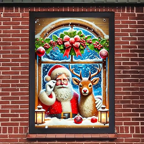 Miniatura 5 de Cubierta de ventana de Navidad de 31 x 47 pulgadas, cubierta de ventana de escena de reno de Papá Noel con guirnalda, panel de pared de bosque