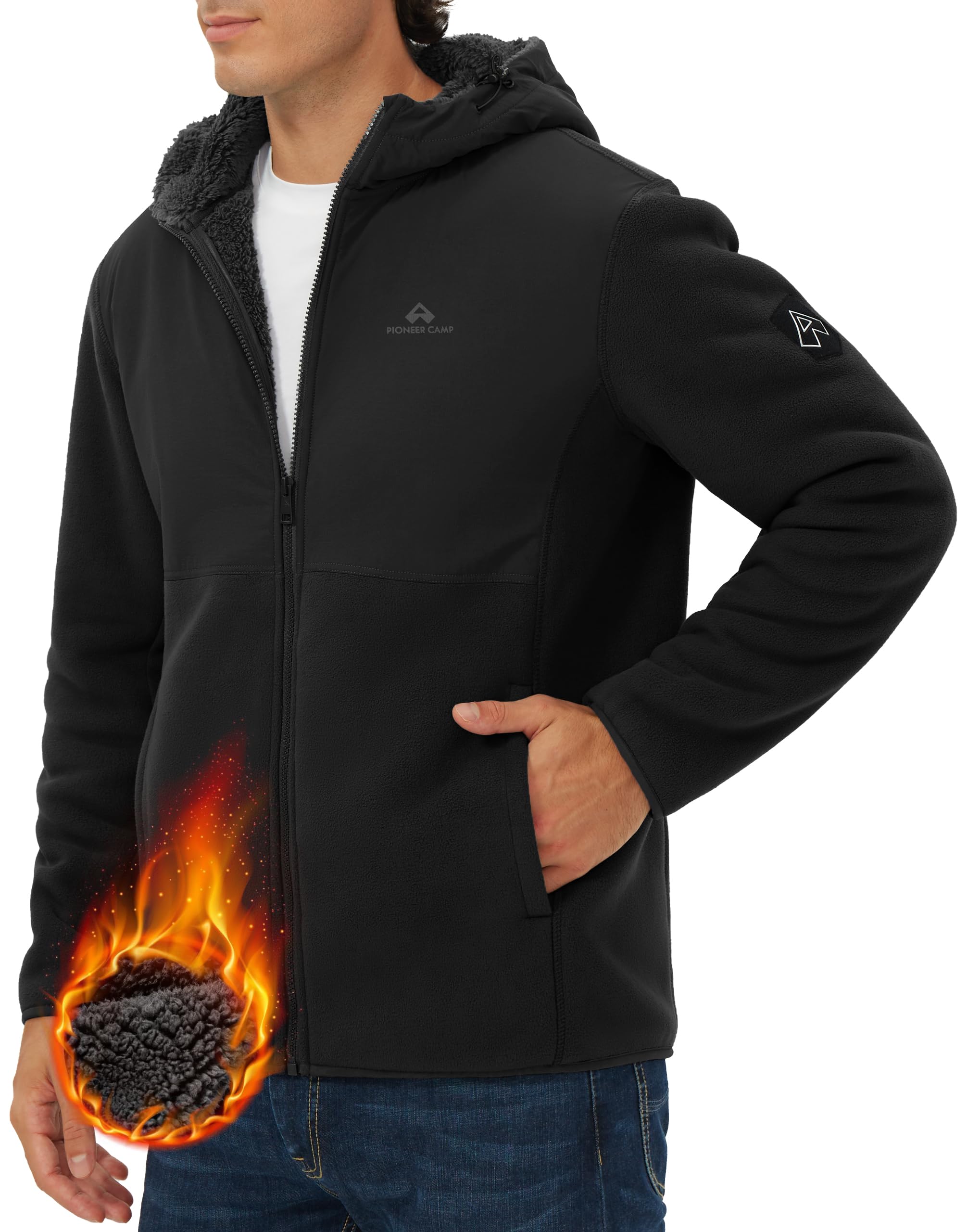 Pioneer Camp Veste d'hiver pour homme avec polaire Sherpa - Sweat à capuche chaud - Coupe-vent - Veste mi-saison pour homme - Idéale pour l'extérieur et le quotidien