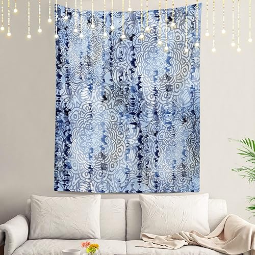 Shrahala Tapiz de pared floral abstracto índigo, lazo azul para colgar en la pared, tapiz grande decorativo de fibra de poliéster, dobladillo blanco