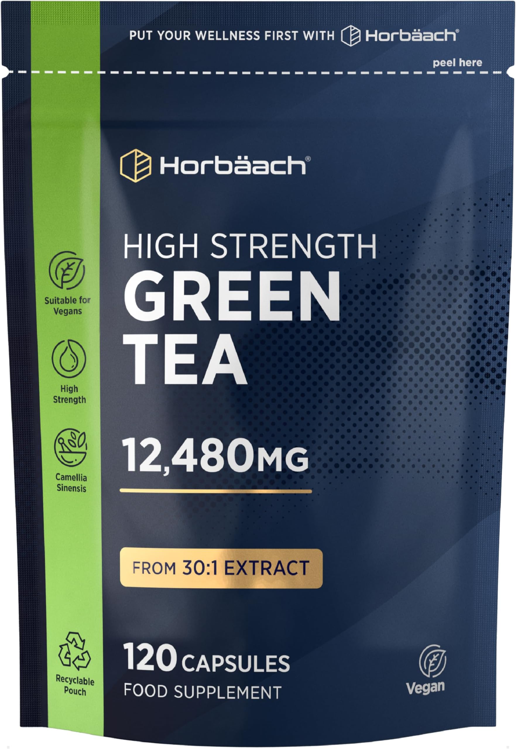 Green Tea Capsules 12,480mg | High Strength Green Tea Extract | Contains Polyphenols | 120 Powder Capsules | Vegan | by Horbaach