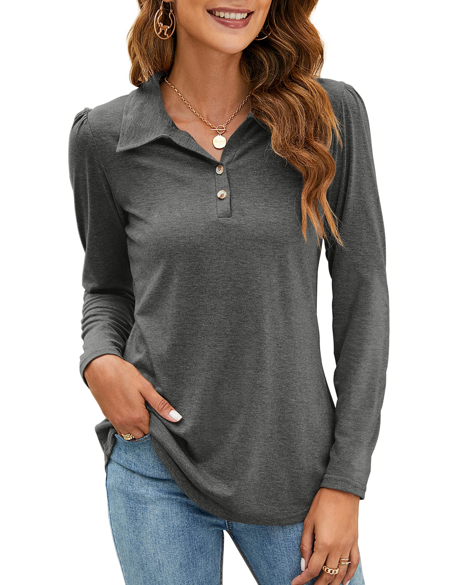 LOMON Womens Polo Shirts Button Down Collared Long Sleeve Tops V Neck Loose Blouses