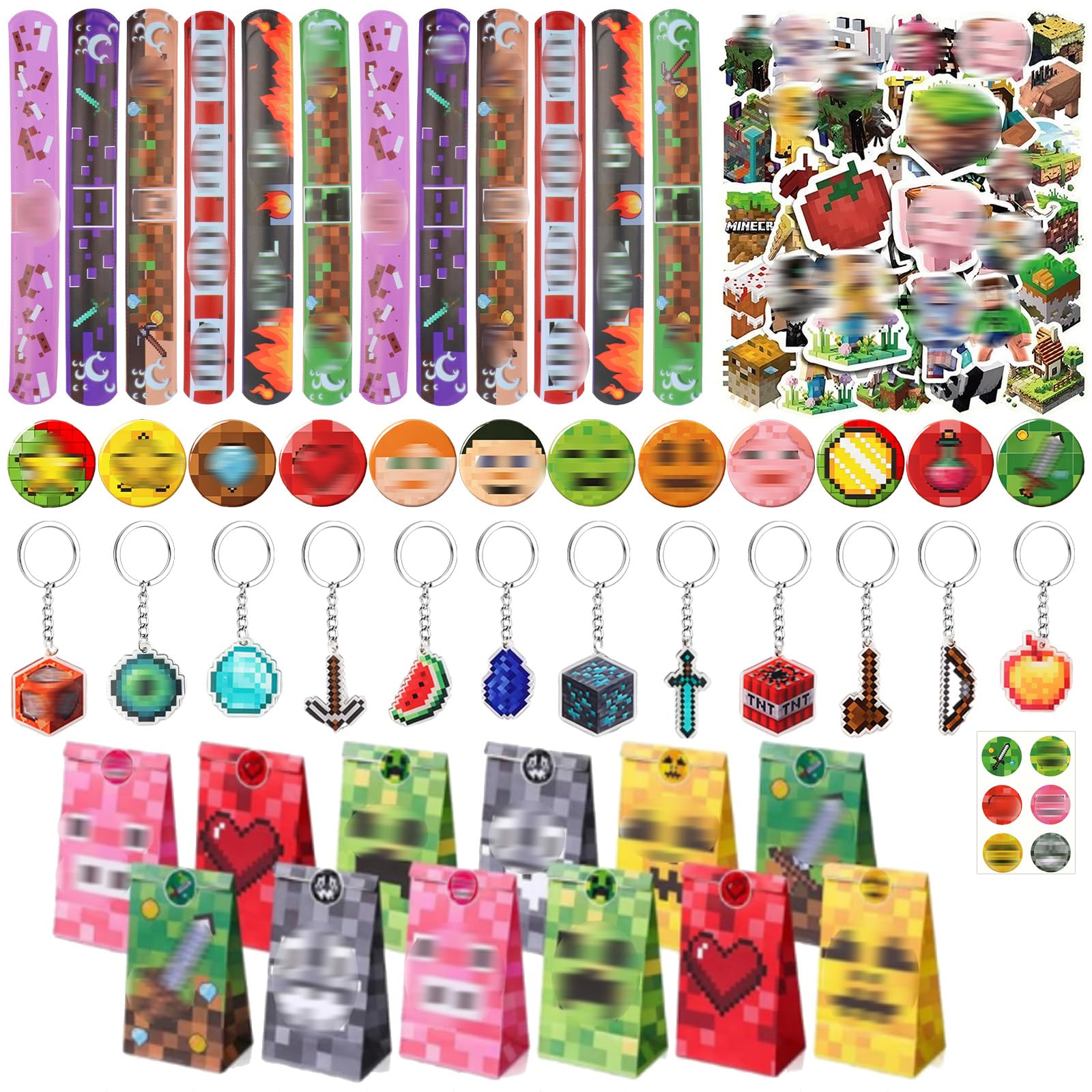 98pcs Miner Party Bag Fillers, Game Birthday Gift with Slap Bands Stickers Badges Keychain, Party Favours Supplies