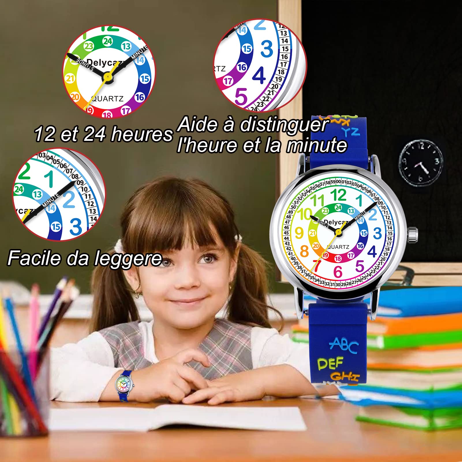 Delycazy Montre Enfant, 12 et 24 Heures Mouvement à Quartz Montre pour Enfants Fille Garçon, Cadeau Fille Garçon 4 5 6 7 8 Ans