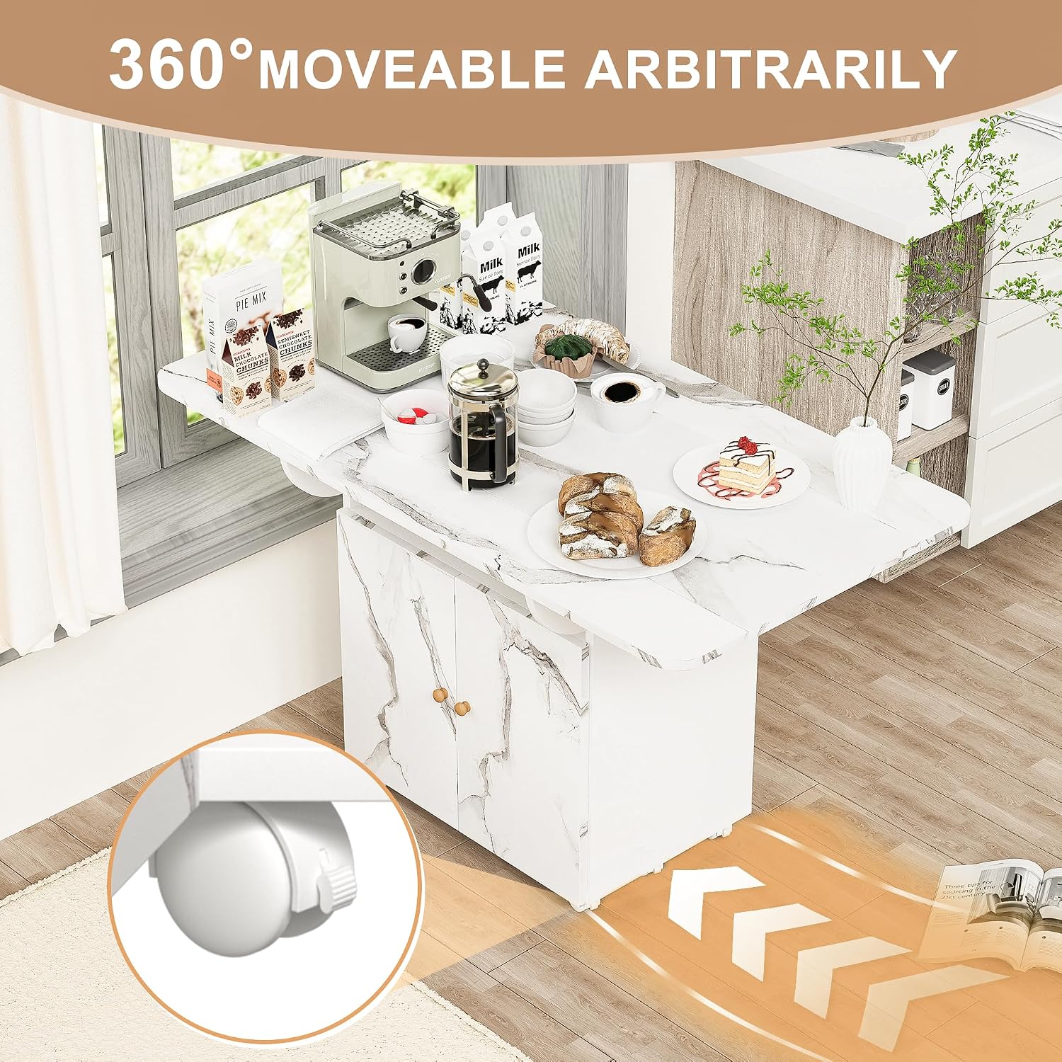 Folding Dining Table with 6 Wheels, Expandable Kitchen Table for 4-6, Portable Small Folding Table with 3-Layer Storage Rack, Space Saving Dining Room Table for Small Spaces(Marble White)
