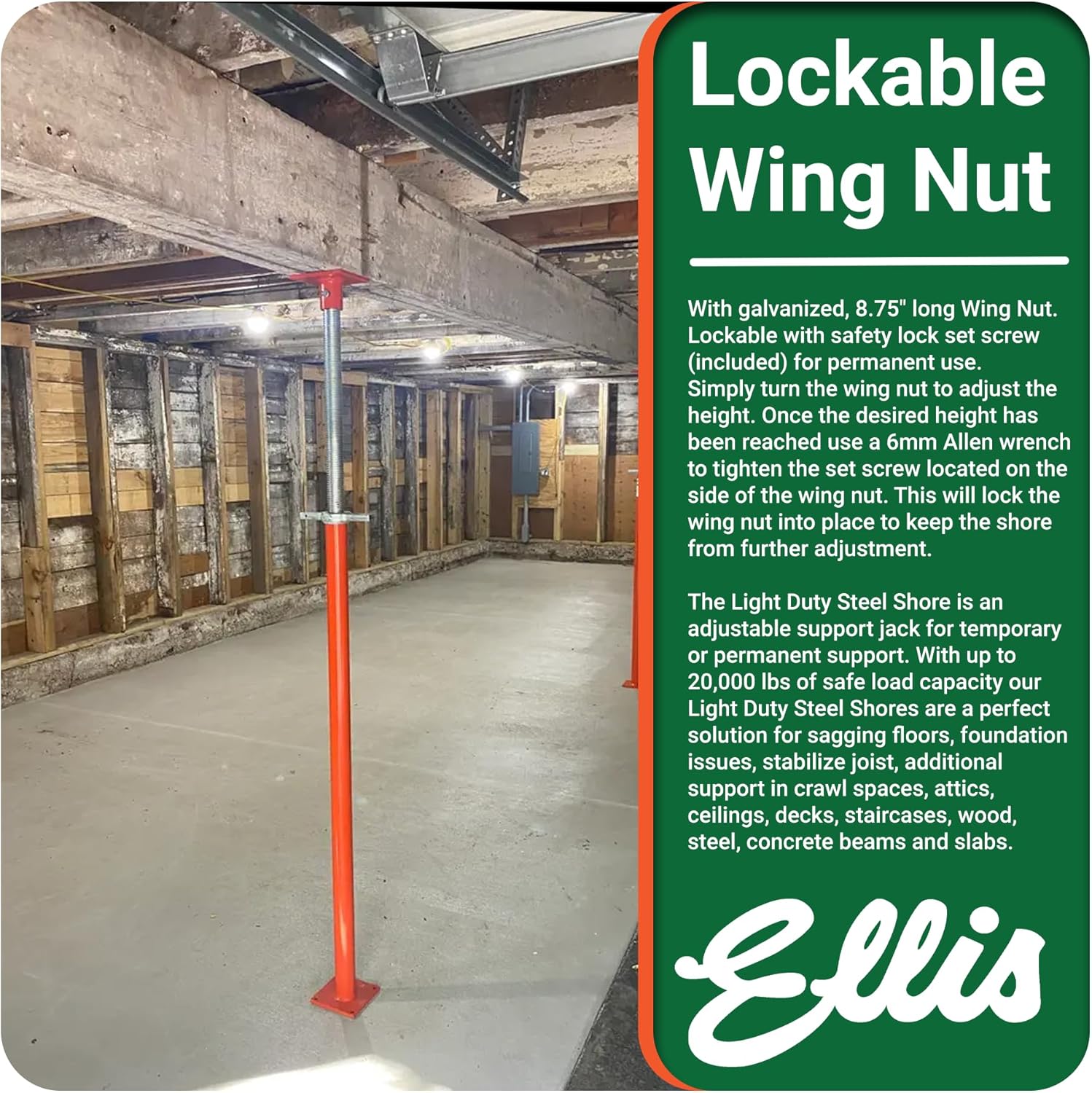 Ellis Manufacturing Light-Duty Steel Construction Jack - Adjustable Screw Jack Post for Floor Leveling, Beams, and Concrete - 8,000 lb Load Capacity - 61"-85" Adjustment, House Jacks for Leveling