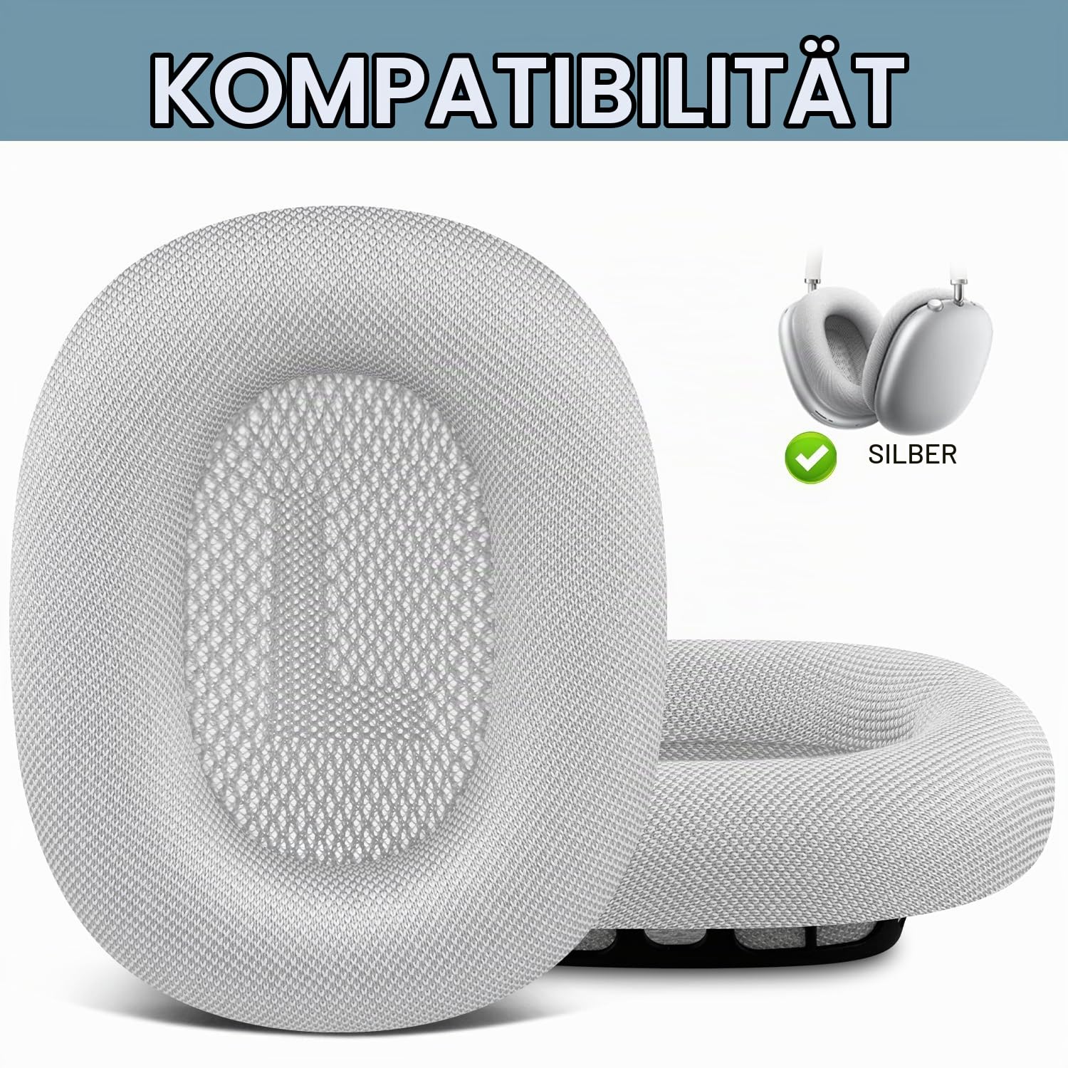 SOPROM Ohrpolster Ersatz für Airpods Max Over-Ear Kopfhörer, Ohrpolster mit strapazierfähigem Netzstoff, weicher Schaumstoff Und Magnetisch - Silber