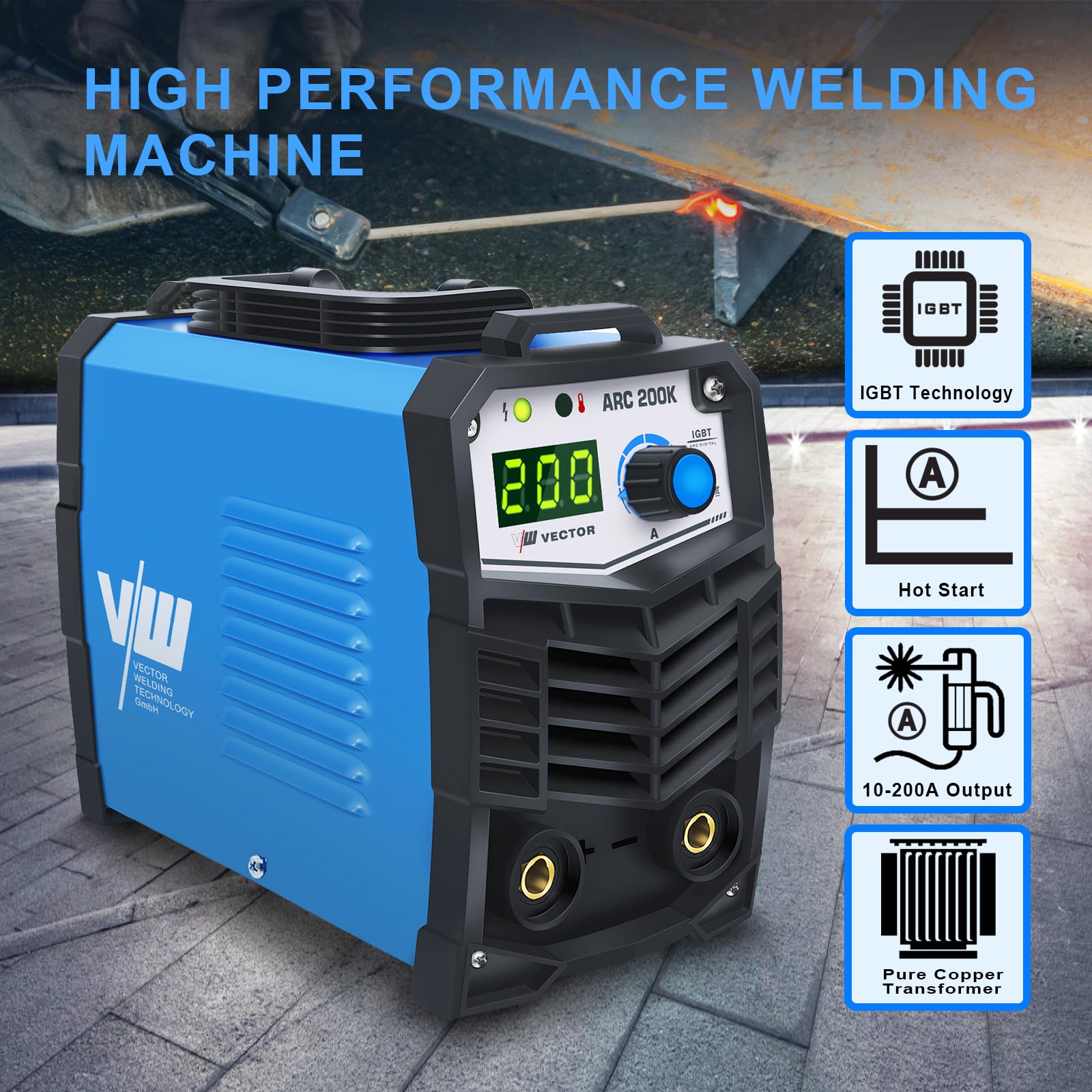 MMA zestaw spawarek elektrodowych | 9-cz??ciowy | od 10 do 200 A | funkcja Hotstart | ARC Force | kompaktowa i lekka | MMA/Stick/E-Hand | technologia IGBT | Vector Welding