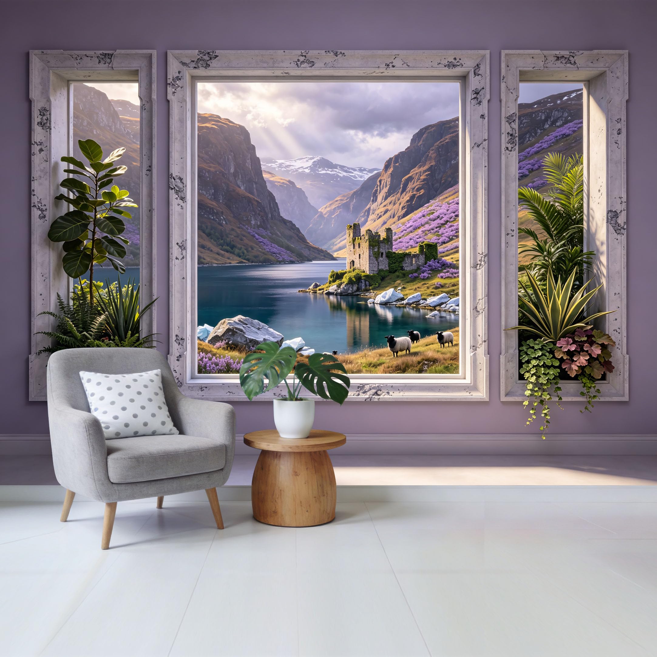 Removable Self Adhesive Fabric Mural， Highland Castle Lake Mountain Landscape Custom Size Wall Covering， UV Protected Waterproof Washable Wall Decor for Living Room Bedroom Bathroom